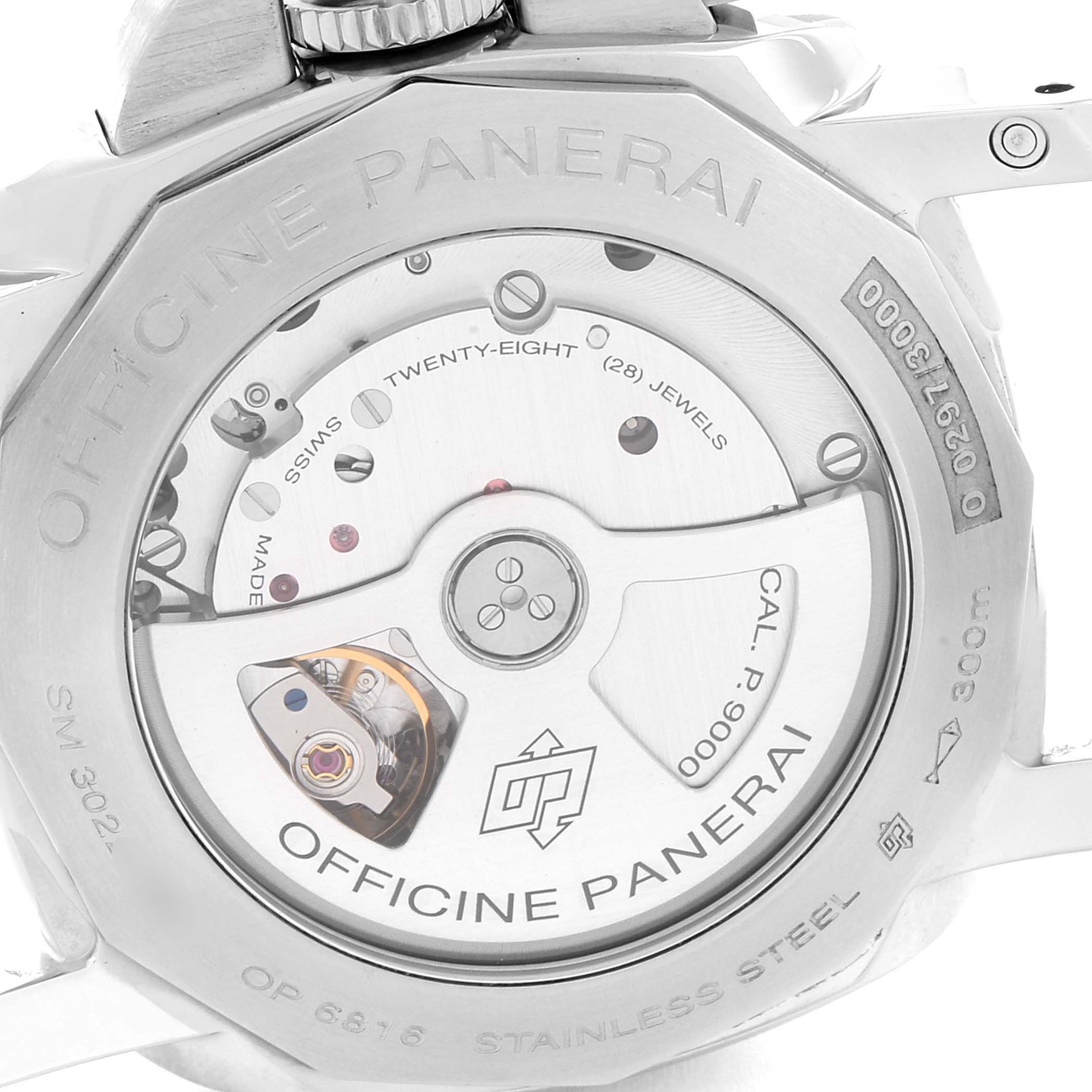 The image shows the back of a Panerai Luminor PAM00359 Men's Stainless Steel Black Dial PAM00359 Men's Stainless Steel Black Dial watch, highlighting its visible movement and internal components.