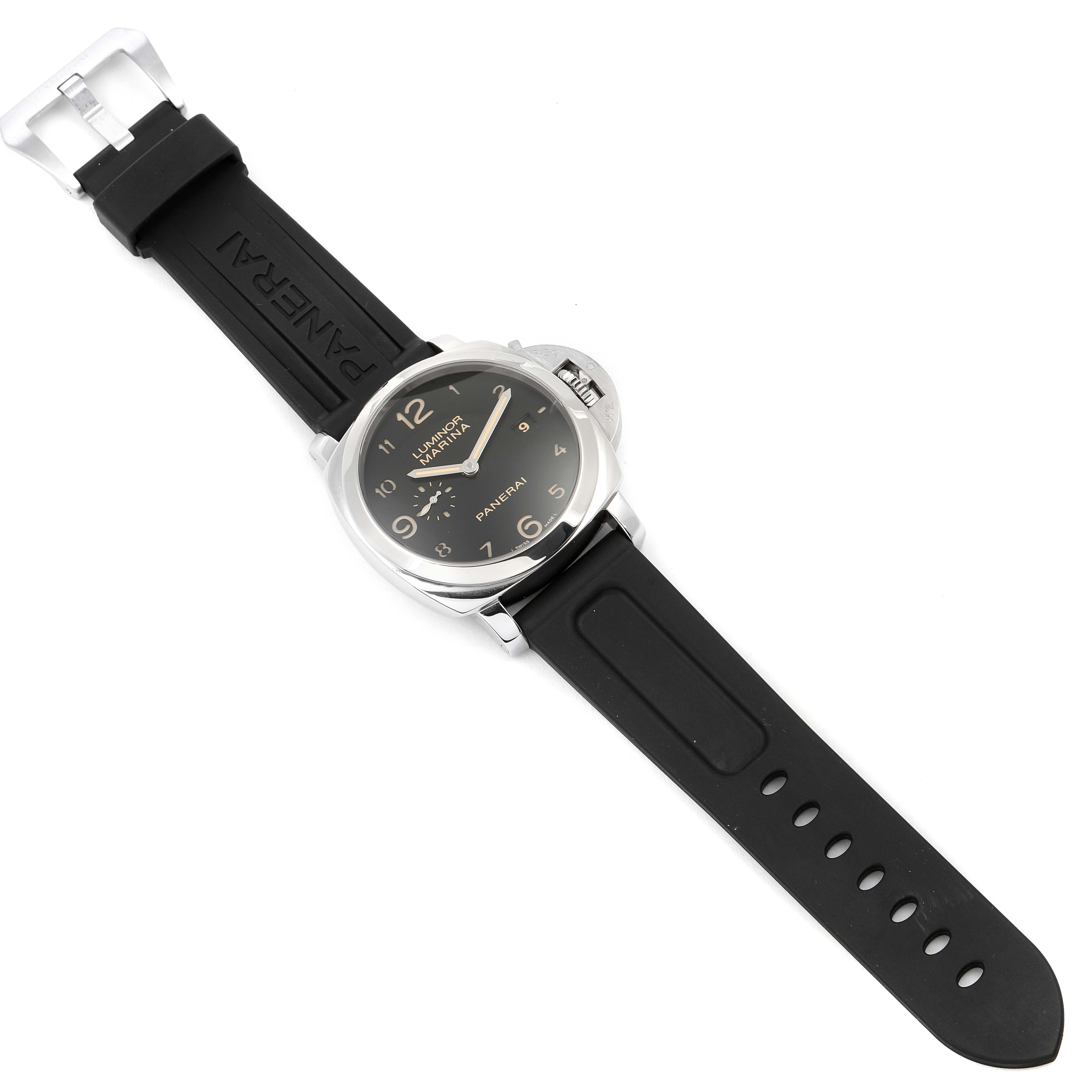 This image shows a Panerai Luminor PAM00359 Men's Stainless Steel Black Dial PAM00359 Men's Stainless Steel Black Dial watch at a top-down angle, featuring its black dial, case, and rubber strap with visible buckle.
