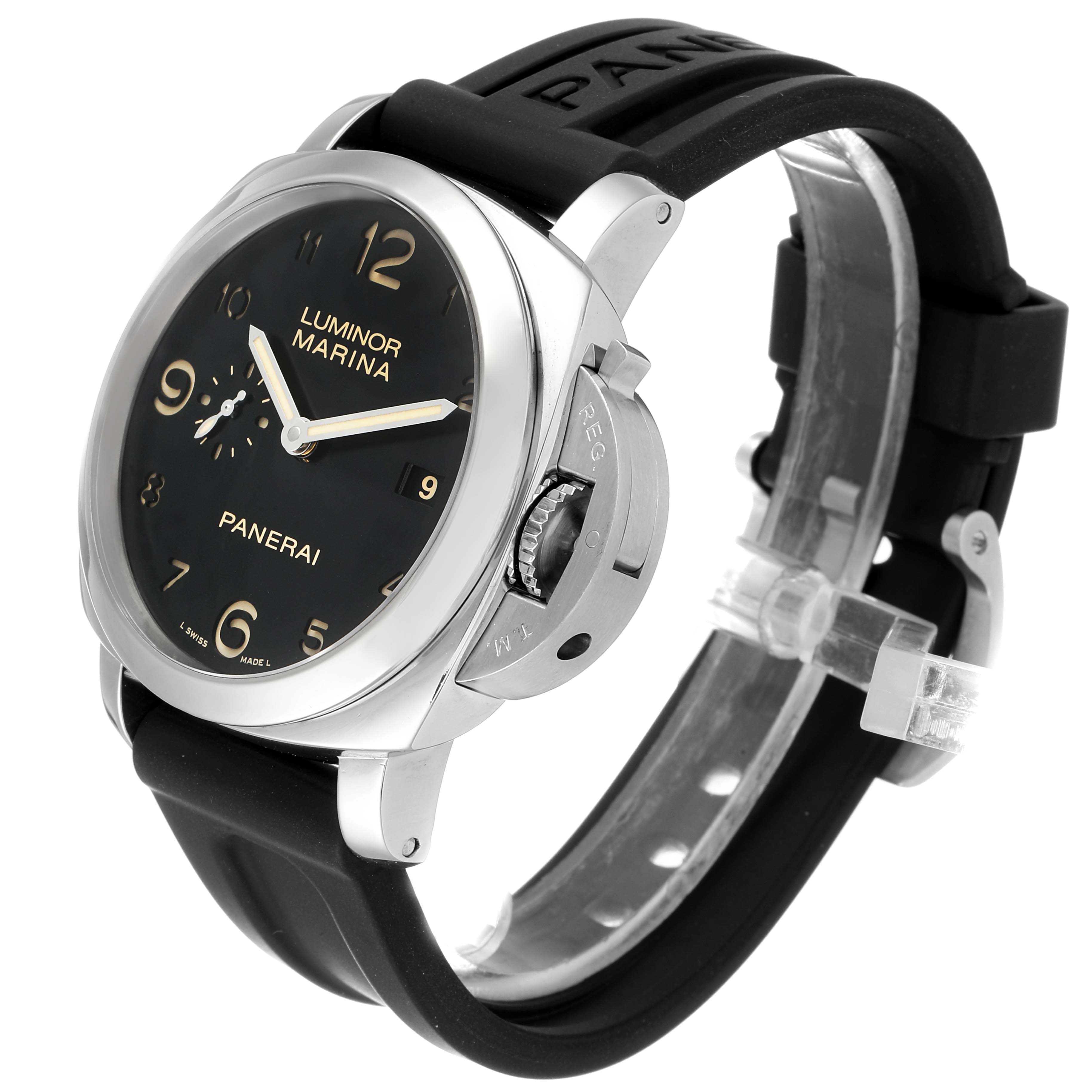 The Panerai Luminor PAM00359 Men's Stainless Steel Black Dial PAM00359 Men's Stainless Steel Black Dial watch is shown at a three-quarter angle, highlighting its face, crown, and black rubber strap.