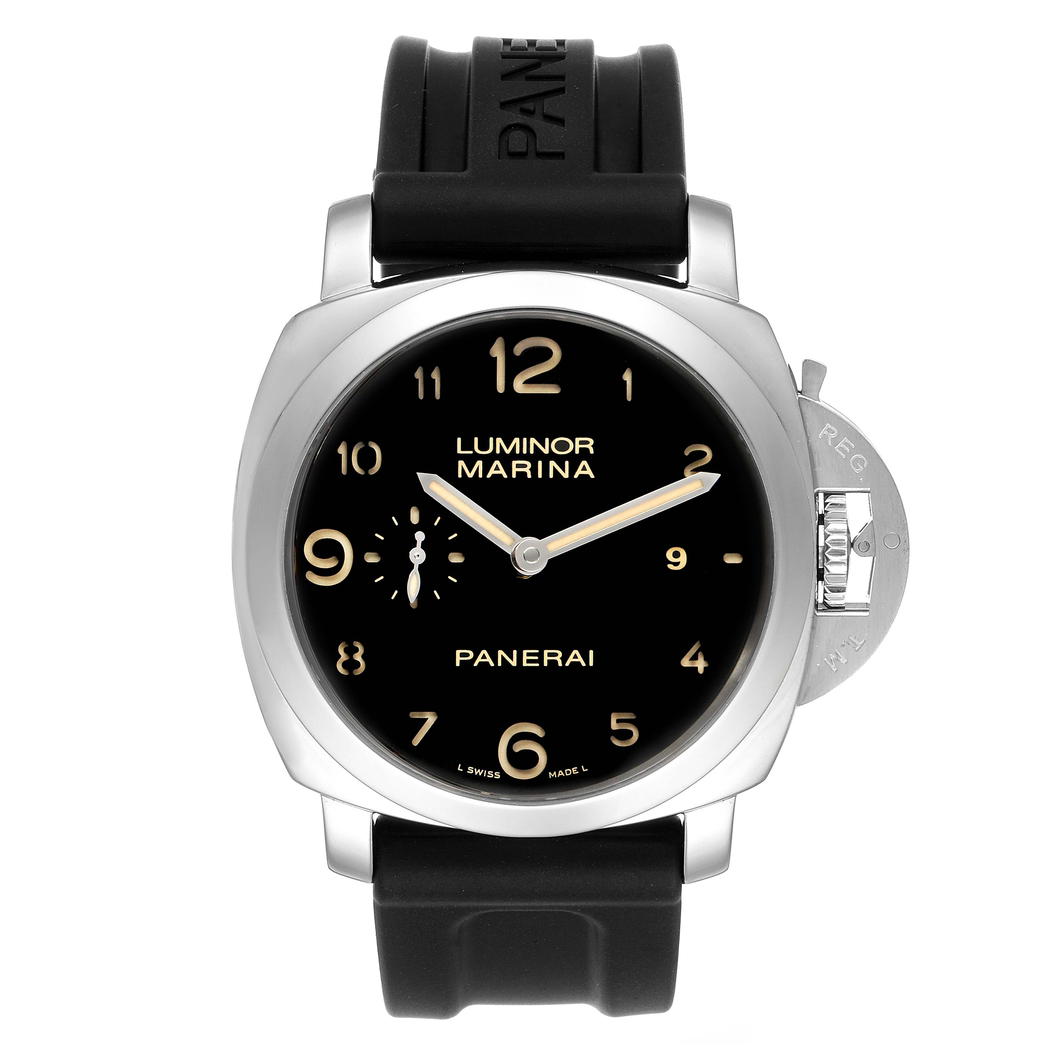 This Panerai Luminor PAM00359 Men's Stainless Steel Black Dial PAM00359 Men's Stainless Steel Black Dial watch is shown from a front angle, displaying the dial and rubber strap.