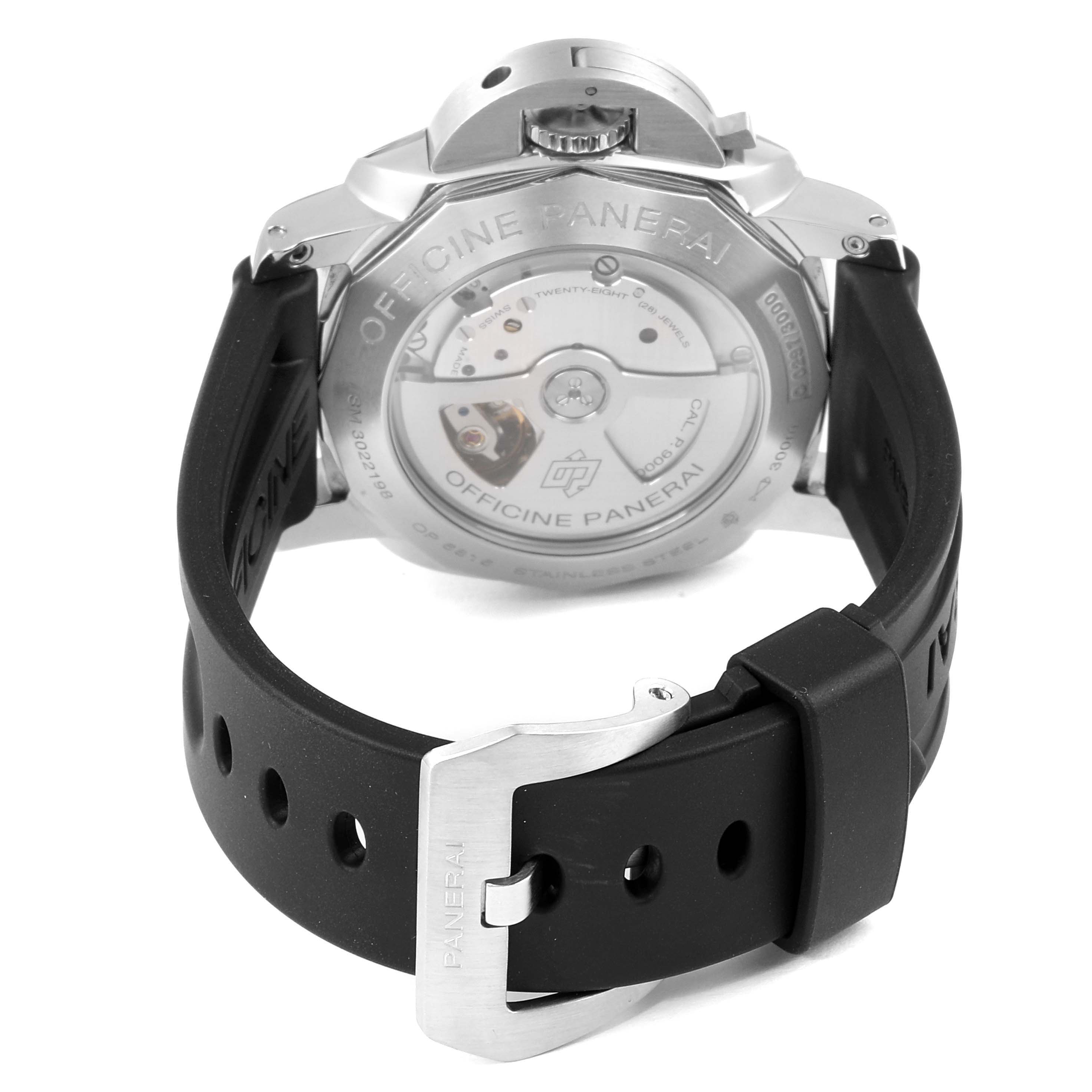 This image shows the back view of a Panerai Luminor PAM00359 Men's Stainless Steel Black Dial PAM00359 Men's Stainless Steel Black Dial watch, highlighting its transparent case back and black rubber strap with a buckle.