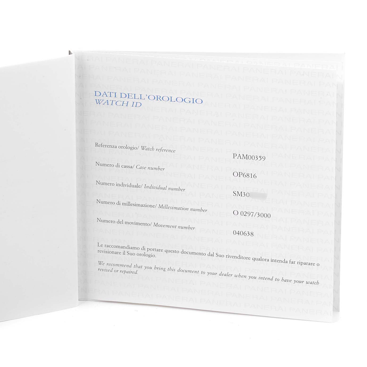 The image shows an open booklet containing identification details for a Luminor model by Panerai.