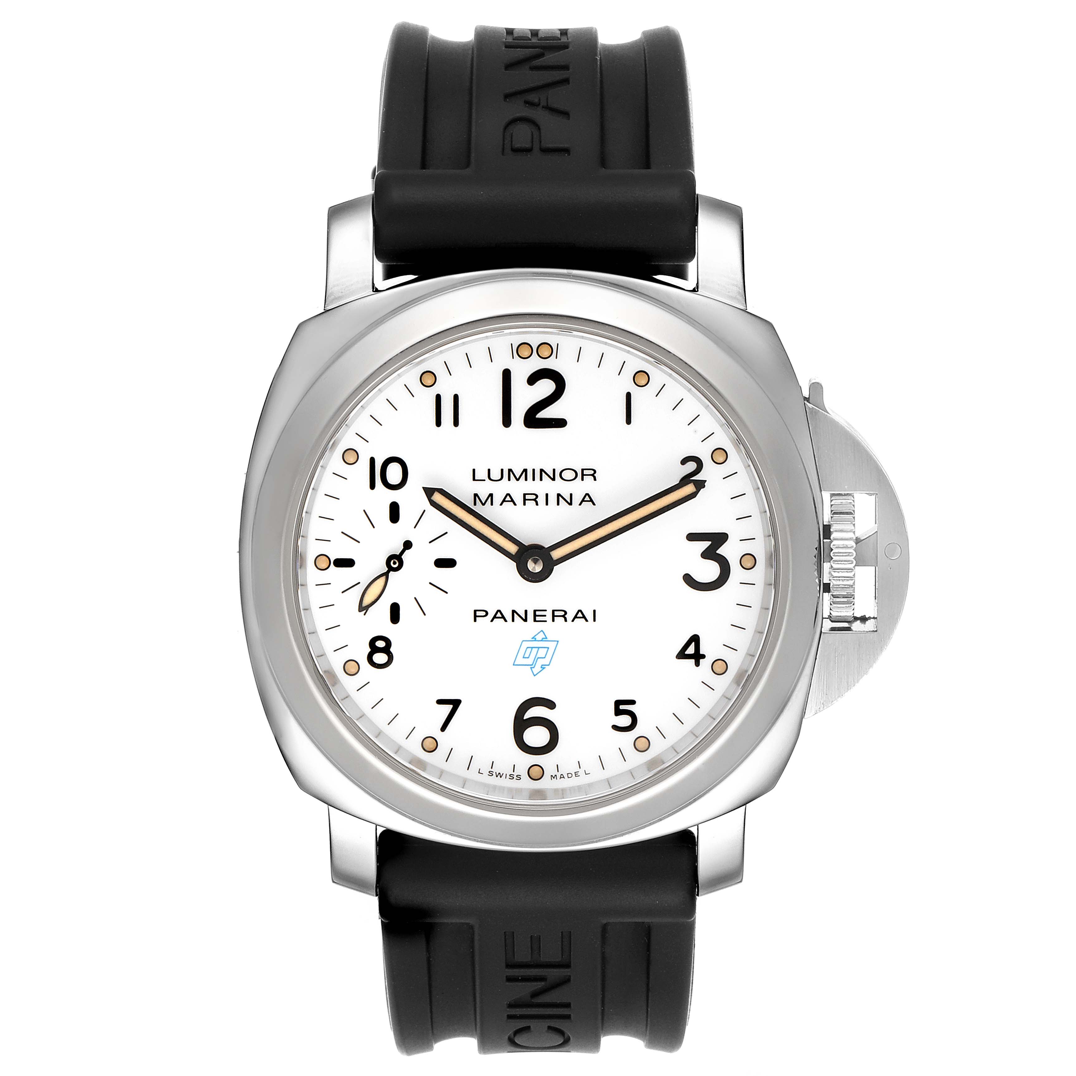 This is a front view of a Panerai Luminor PAM00660 Men's Stainless Steel White Dial PAM00660 Men's Stainless Steel White Dial Marina watch, showing the dial, crown, and rubber strap.