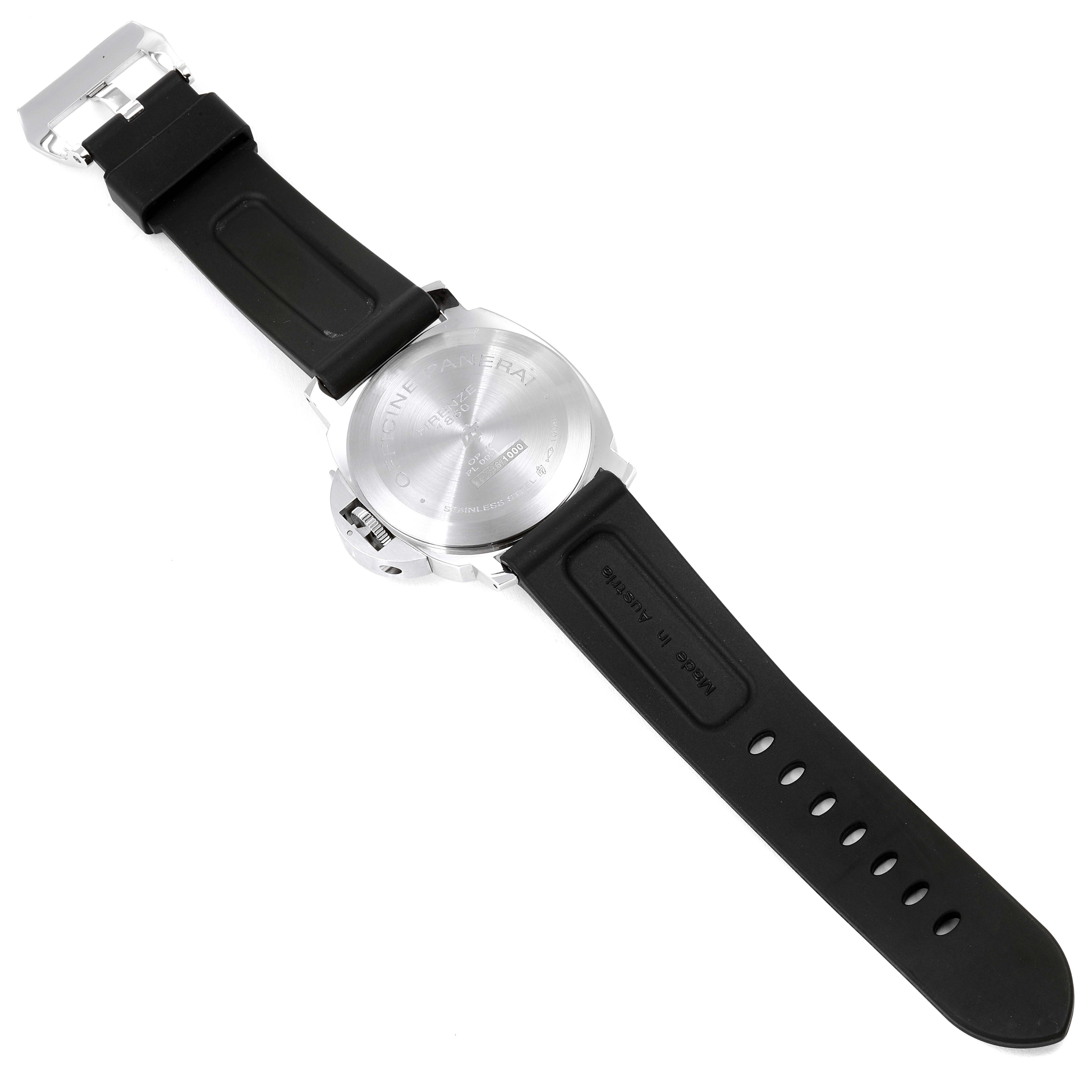 The image shows the back view of a Panerai Luminor PAM00660 Men's Stainless Steel White Dial PAM00660 Men's Stainless Steel White Dial watch with a black rubber strap.