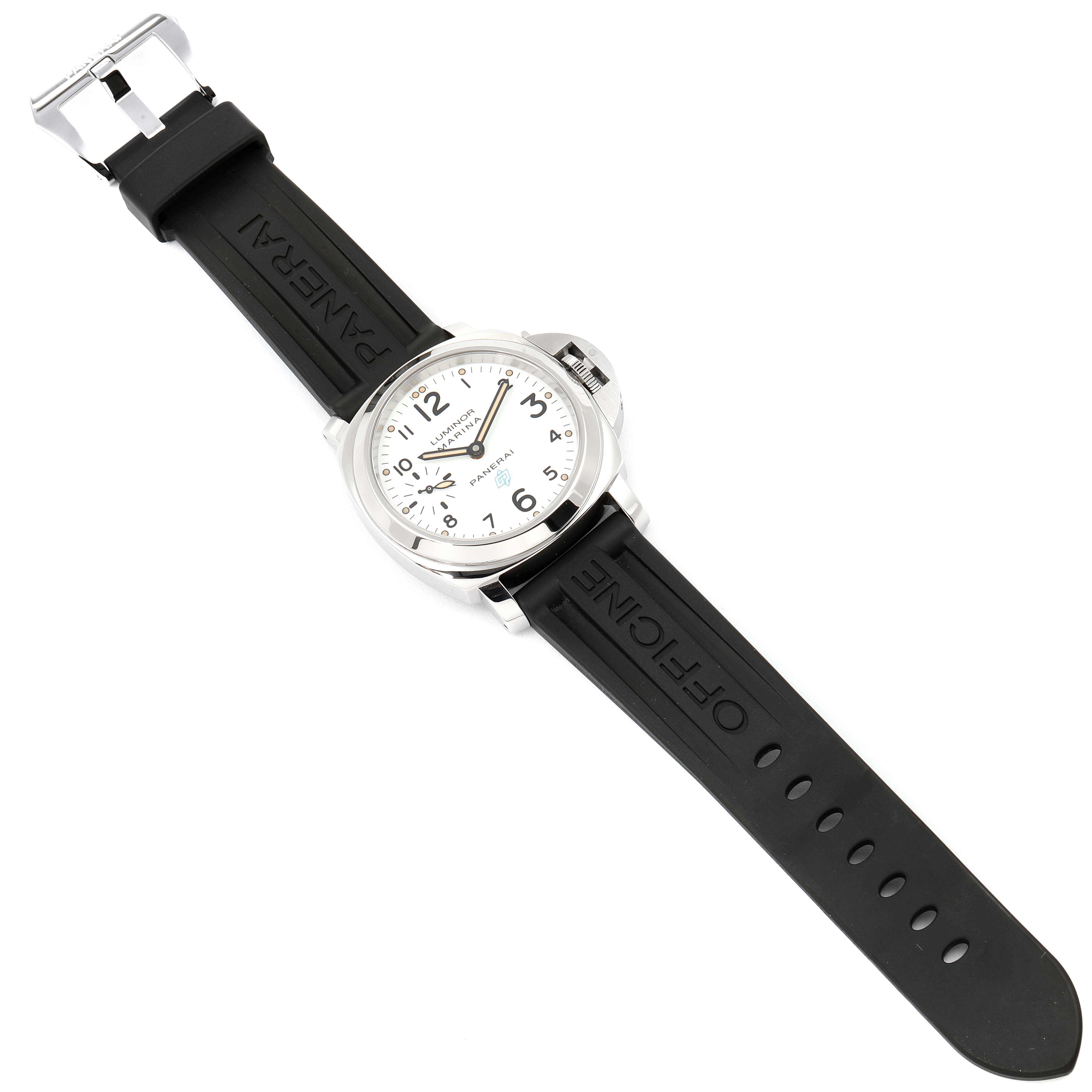 The image shows a top-down view of a Panerai Luminor PAM00660 Men's Stainless Steel White Dial PAM00660 Men's Stainless Steel White Dial watch with a black rubber strap and white dial.