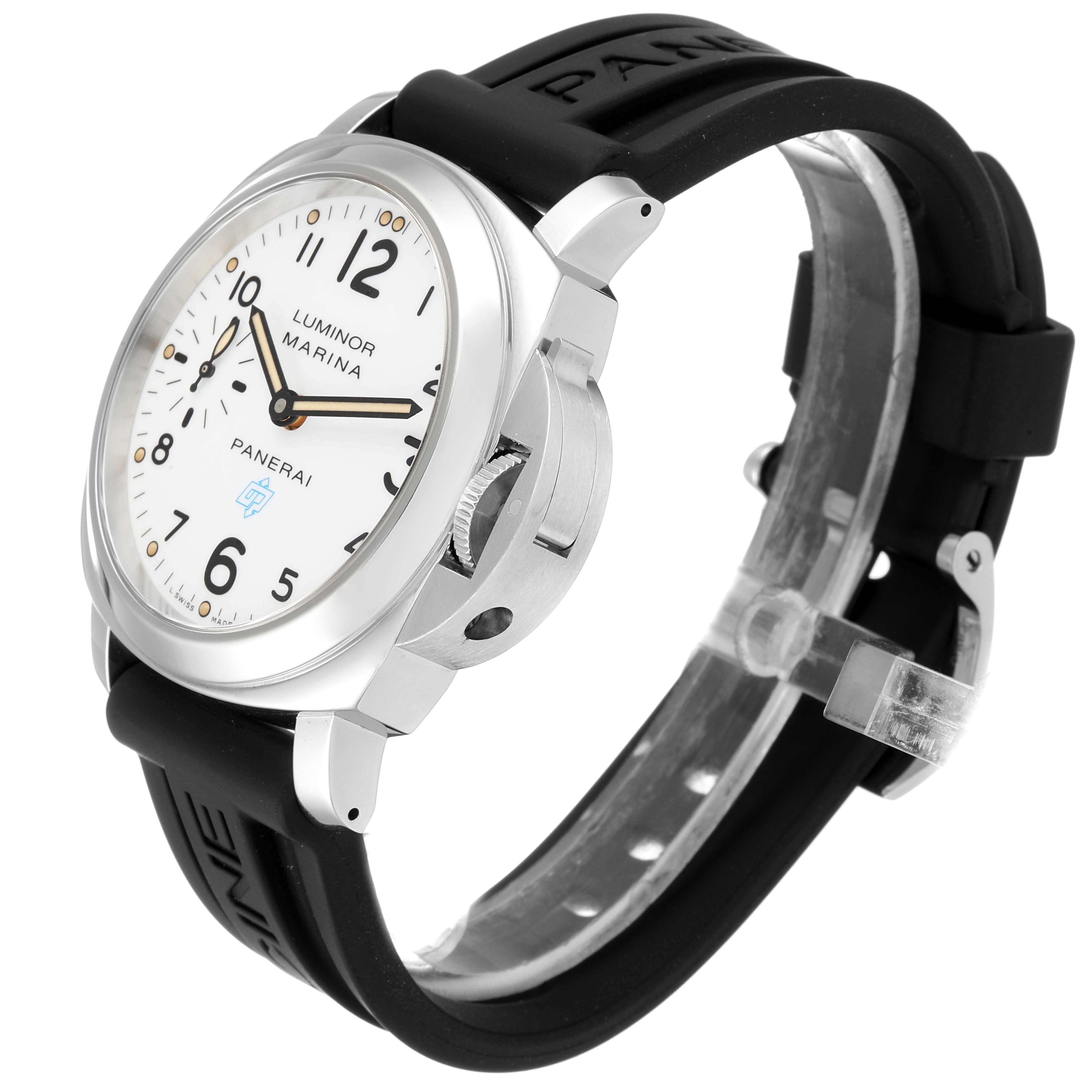 The image shows a Panerai Luminor PAM00660 Men's Stainless Steel White Dial PAM00660 Men's Stainless Steel White Dial Marina watch at a three-quarter angle, highlighting the dial, case, and rubber strap.