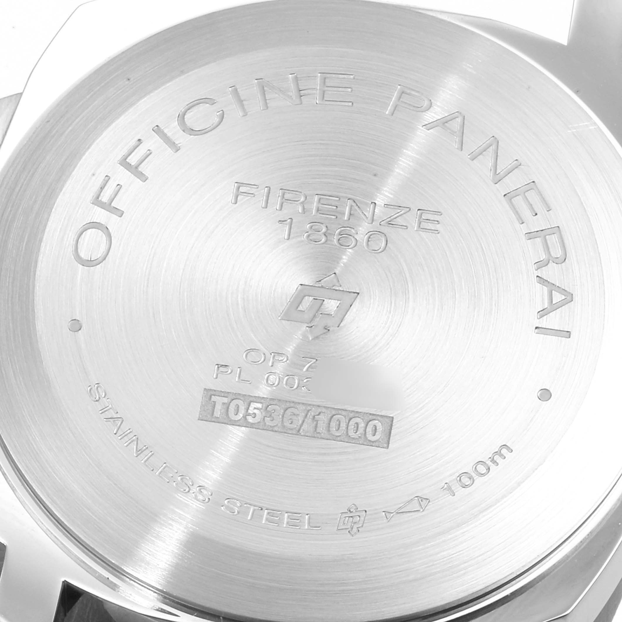 The image shows the stainless steel case back of a Panerai Luminor PAM00660 Men's Stainless Steel White Dial PAM00660 Men's Stainless Steel White Dial watch, detailing its specifications and serial number.