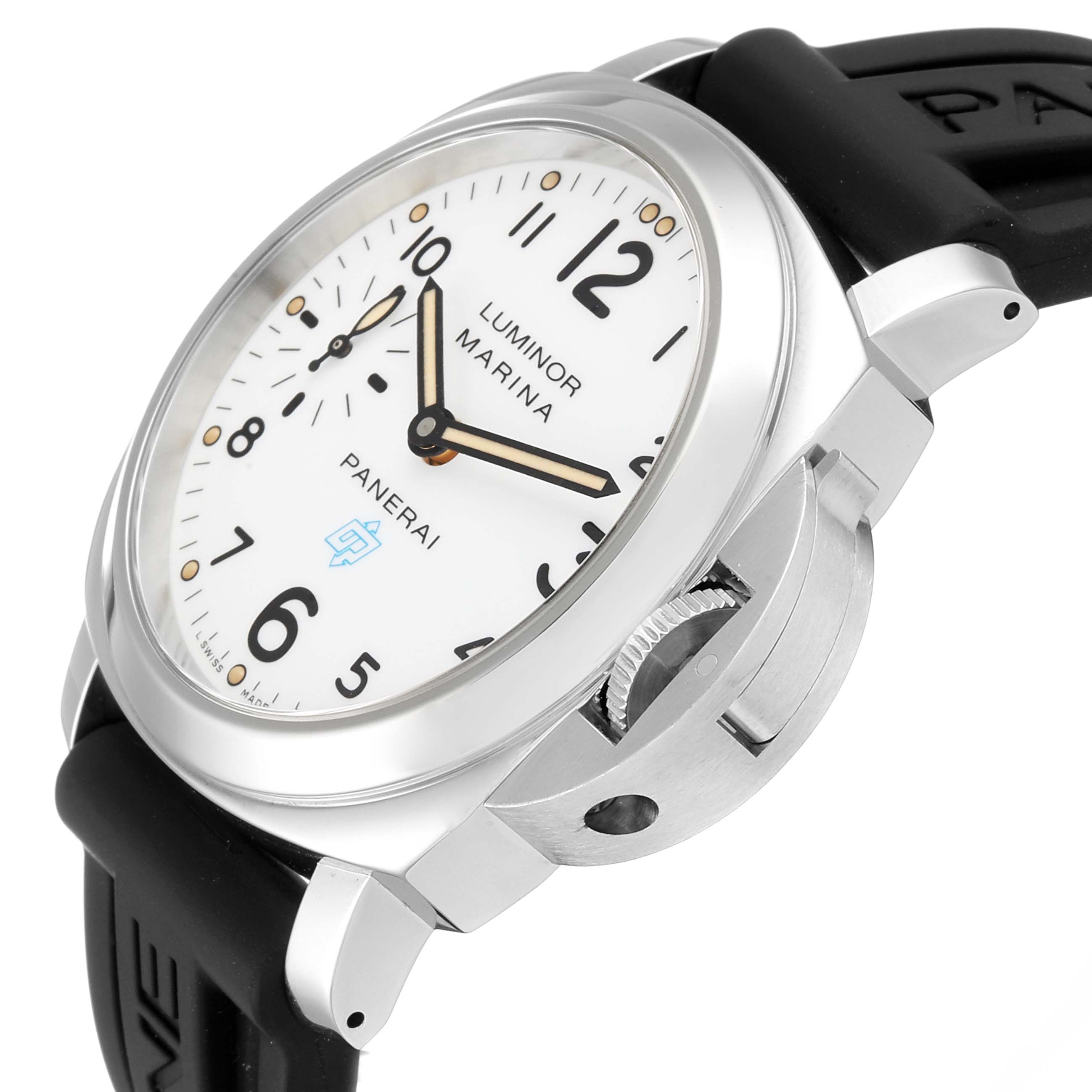 The image shows a Panerai Luminor PAM00660 Men's Stainless Steel White Dial PAM00660 Men's Stainless Steel White Dial watch from an angled side view, highlighting its dial, crown guard, and black strap.