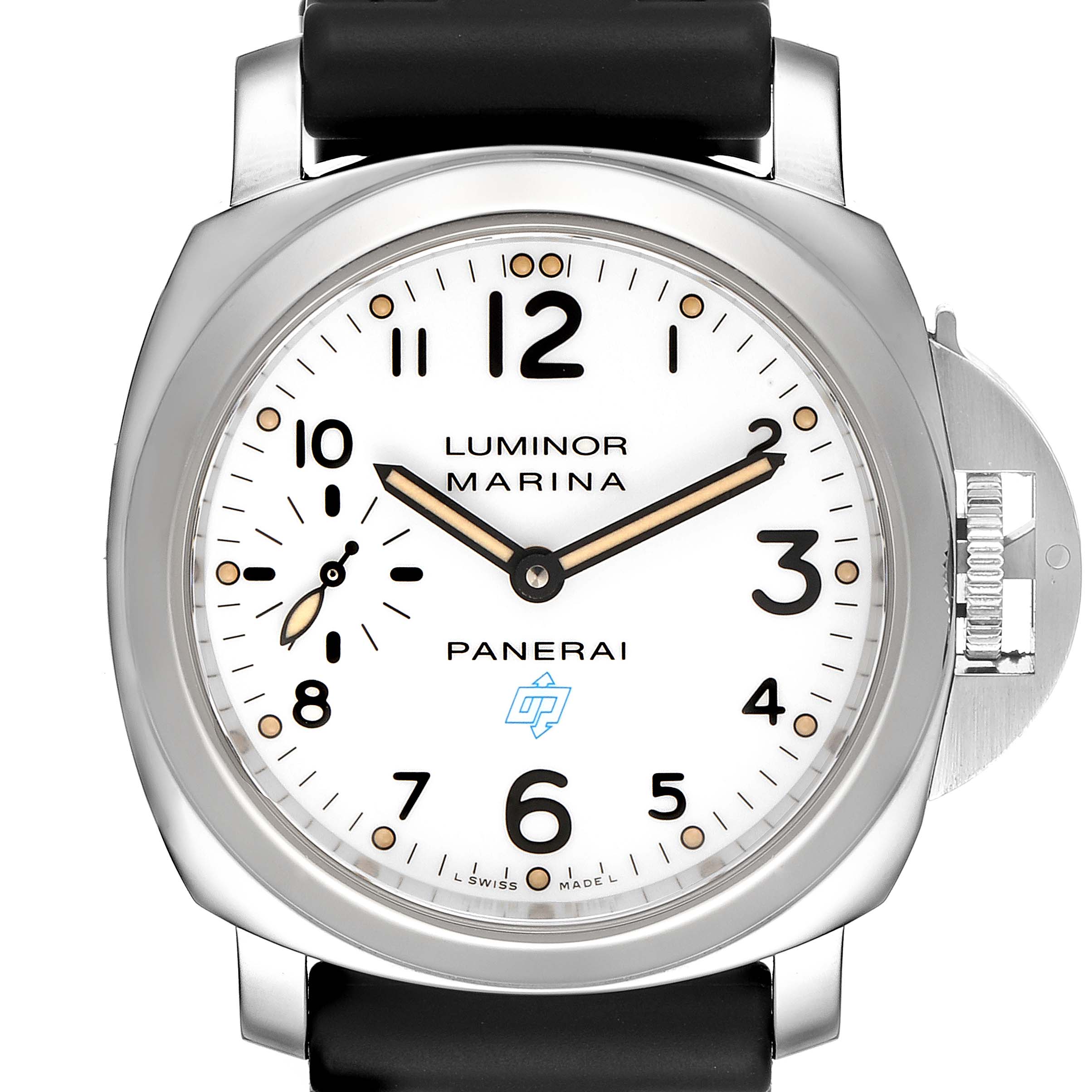 This image shows a frontal view of the Panerai Luminor PAM00660 Men's Stainless Steel White Dial PAM00660 Men's Stainless Steel White Dial Marina watch, highlighting its white dial, numerals, markers, hands, and crown protection.