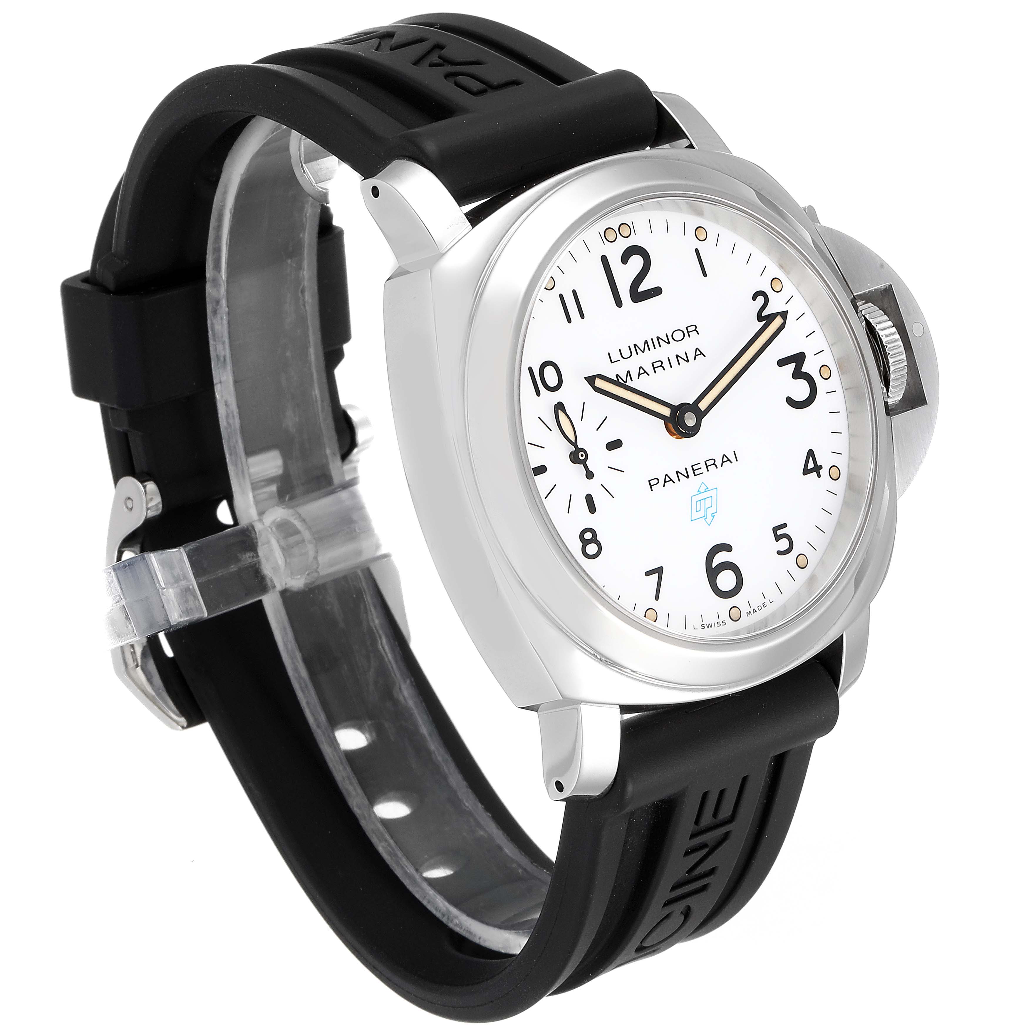 The image shows a Panerai Luminor PAM00660 Men's Stainless Steel White Dial PAM00660 Men's Stainless Steel White Dial watch with a white dial and black rubber strap, viewed at an oblique angle.