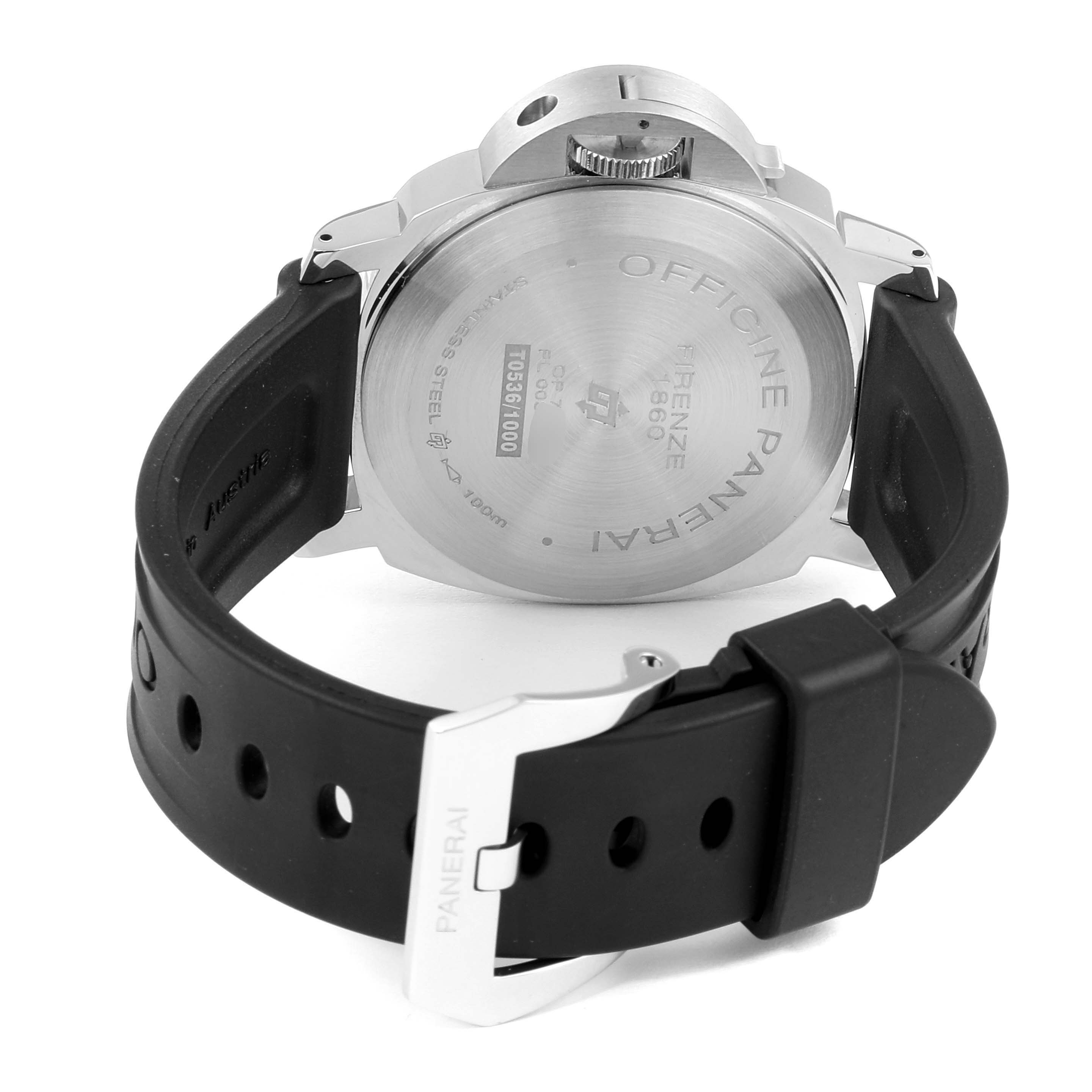 The image shows the back of a Panerai Luminor PAM00660 Men's Stainless Steel White Dial PAM00660 Men's Stainless Steel White Dial watch, highlighting the case back, crown guard, and rubber strap with buckle.