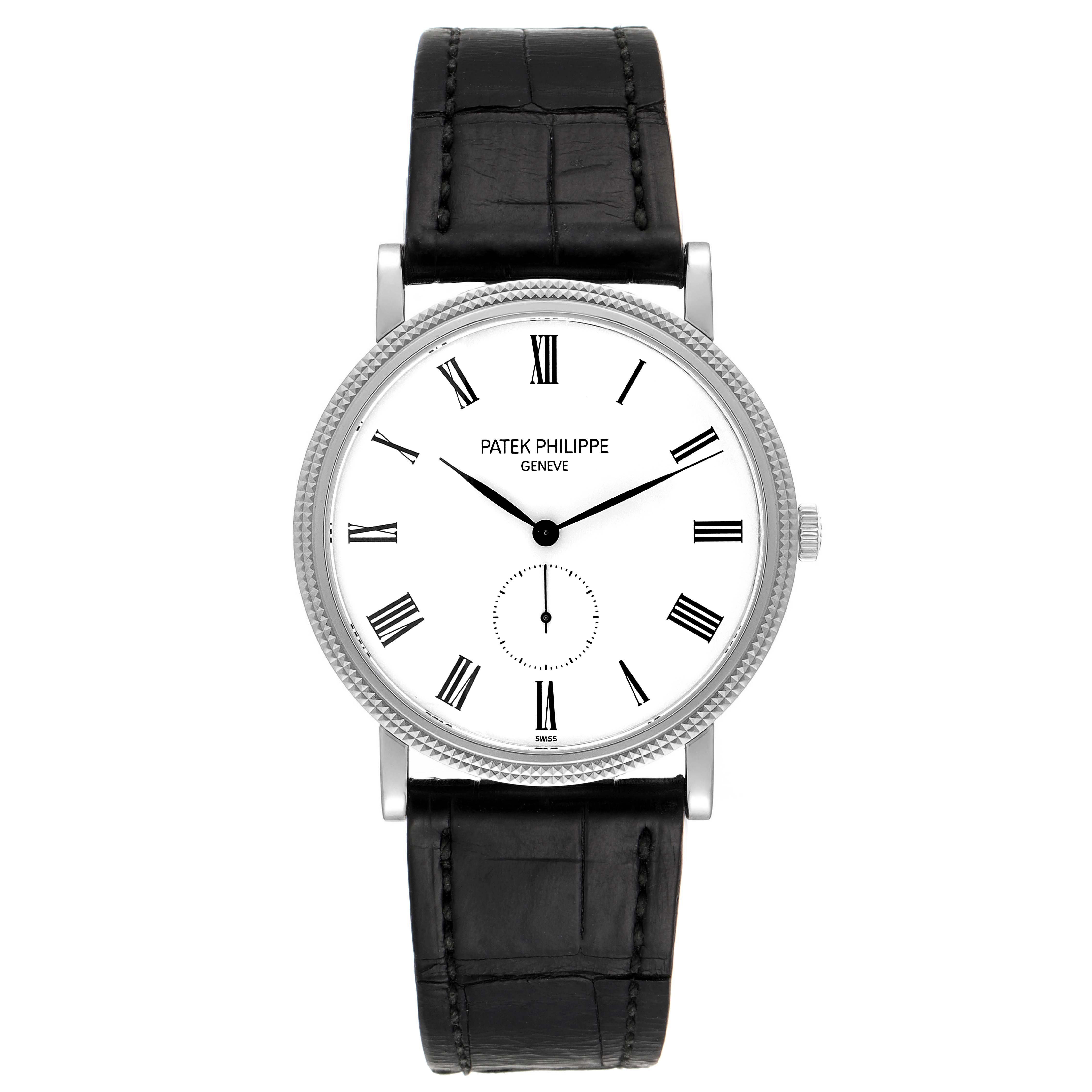This image shows a front view of a Patek Philippe Calatrava 5119G Men's White Gold White Dial 5119G Men's White Gold White Dial watch with a white dial and black leather strap.