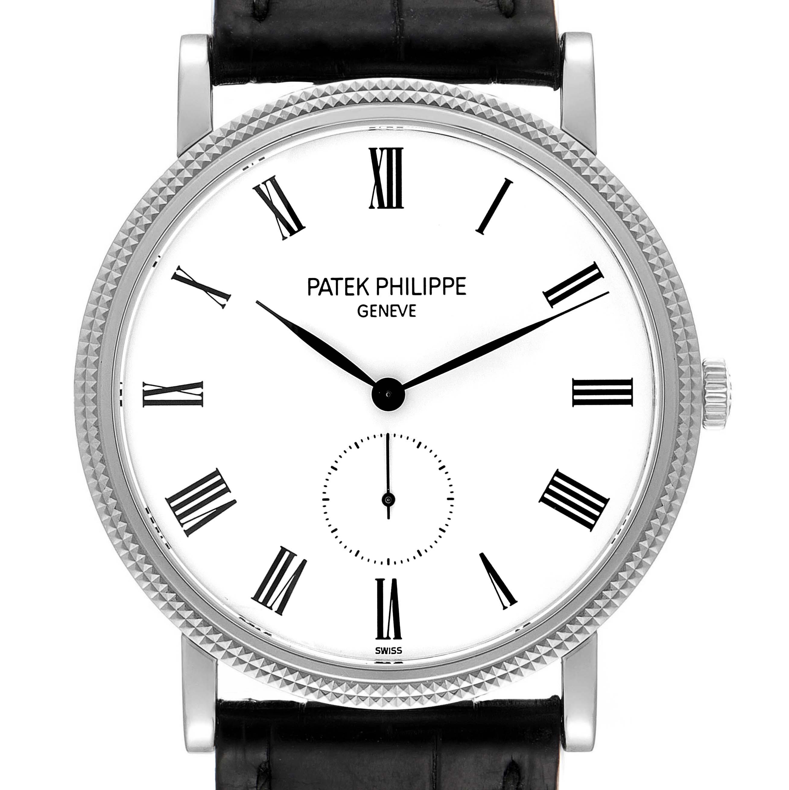 The image shows a front-facing view of a Patek Philippe Calatrava 5119G Men's White Gold White Dial 5119G Men's White Gold White Dial watch, featuring its face, bezel, and part of the strap.
