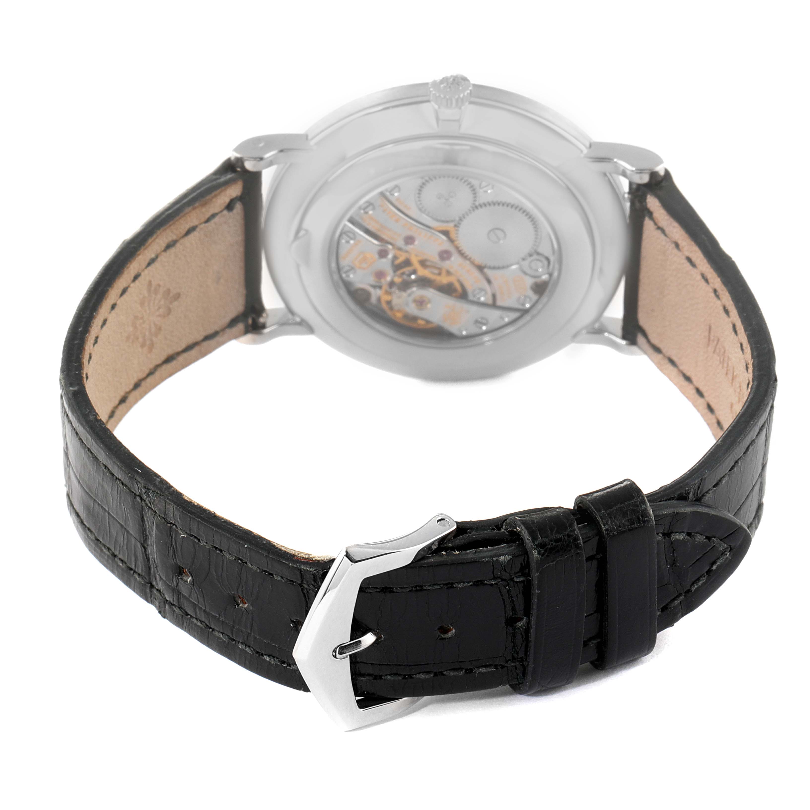 The image shows the back of the Patek Philippe Calatrava 5119G Men's White Gold White Dial 5119G Men's White Gold White Dial watch, emphasizing its black leather strap and buckle.