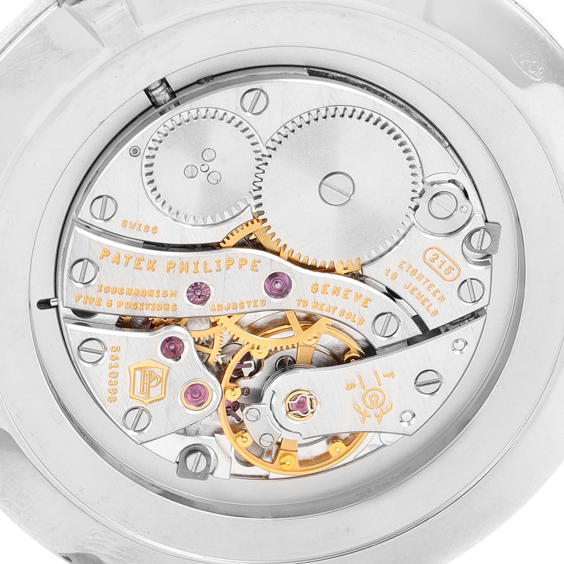 This image shows the intricate movement and inner mechanics of the Patek Philippe Calatrava 5119G Men's White Gold White Dial 5119G Men's White Gold White Dial watch from a back view.