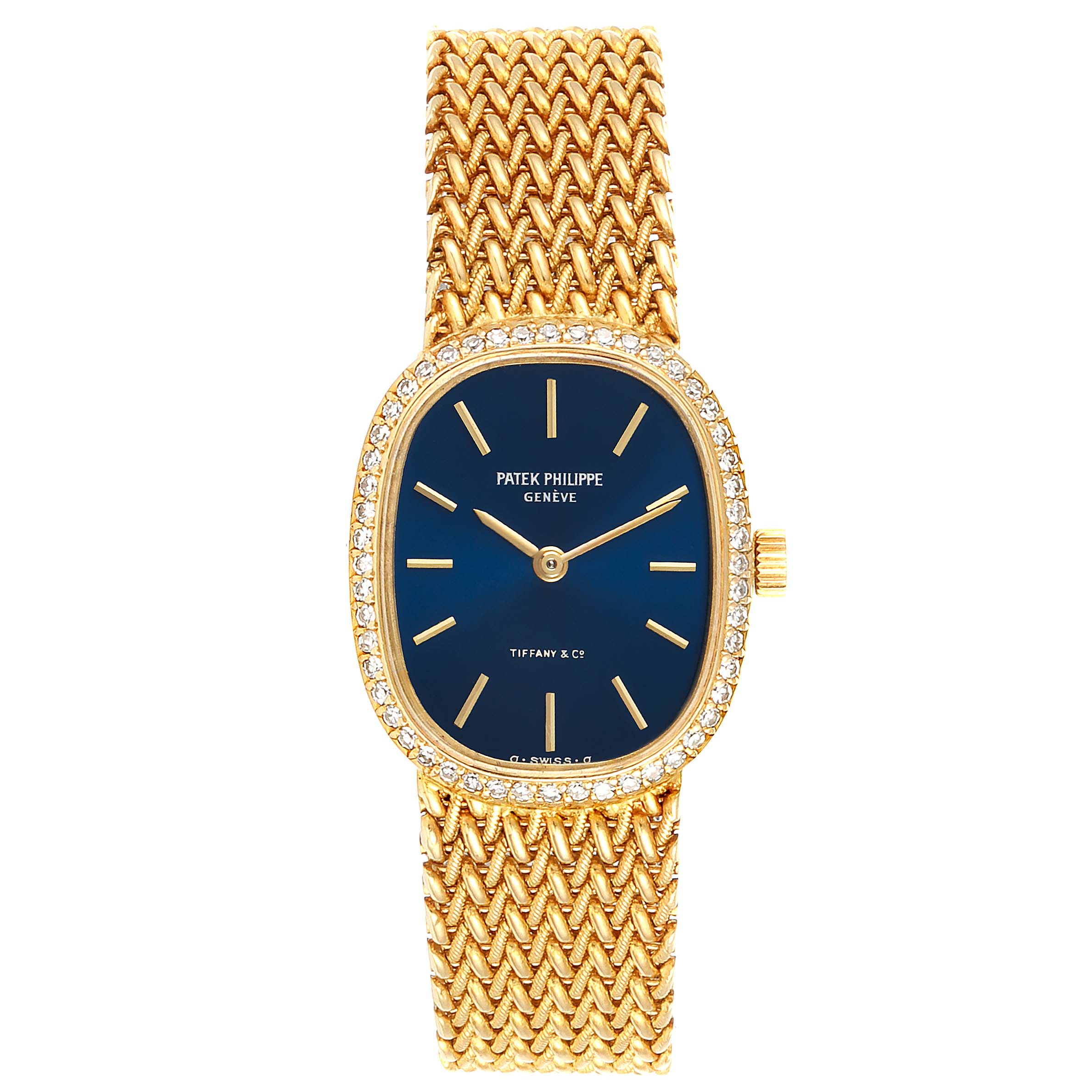 The image shows the front view of a Patek Philippe Golden Ellipse 4498 Women's Yellow Gold Blue Dial 4498 Women's Yellow Gold Blue Dial watch, displaying the face, bezel, and bracelet.