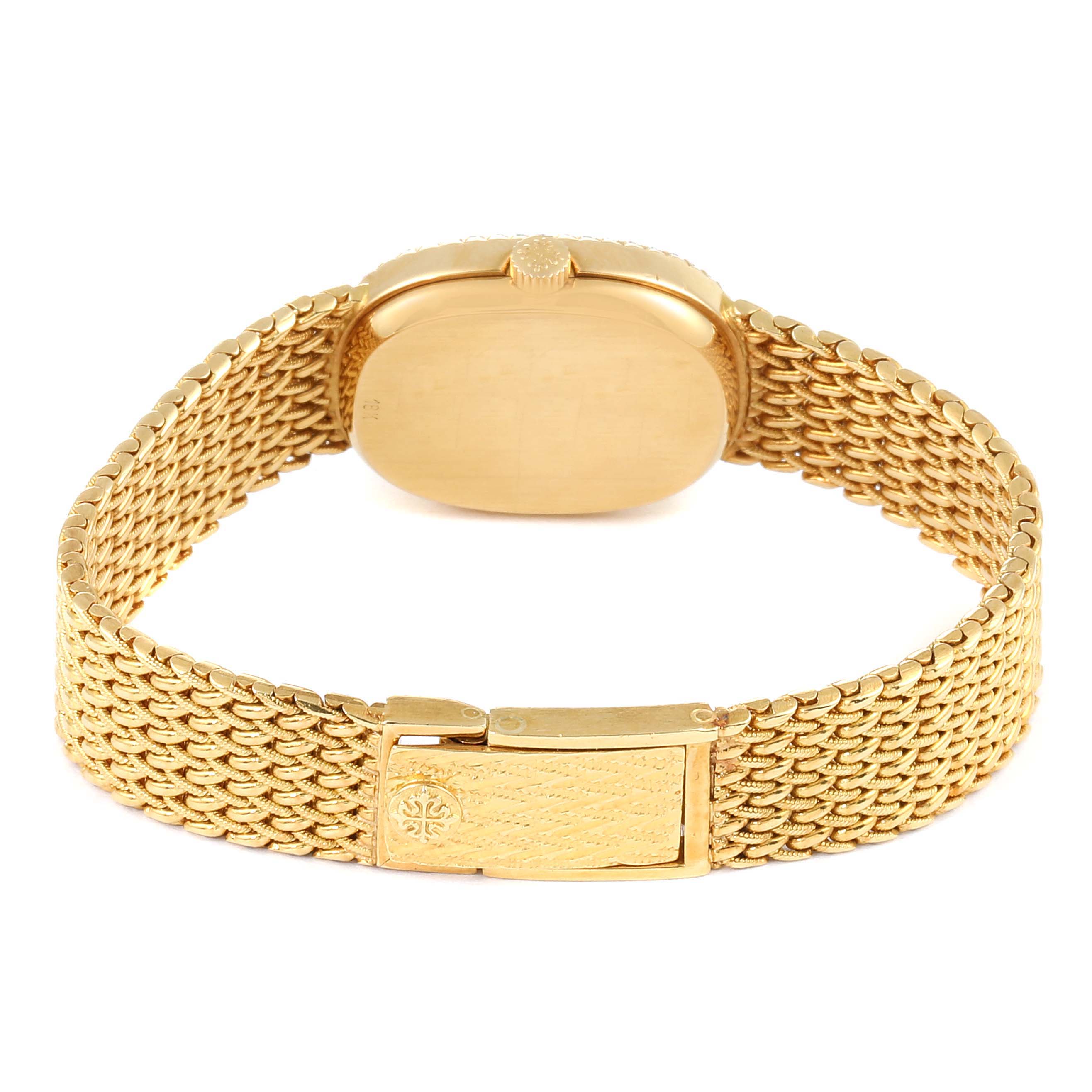 The image shows the back and clasp of a Patek Philippe Golden Ellipse 4498 Women's Yellow Gold Blue Dial 4498 Women's Yellow Gold Blue Dial watch, highlighting the bracelet and case back.