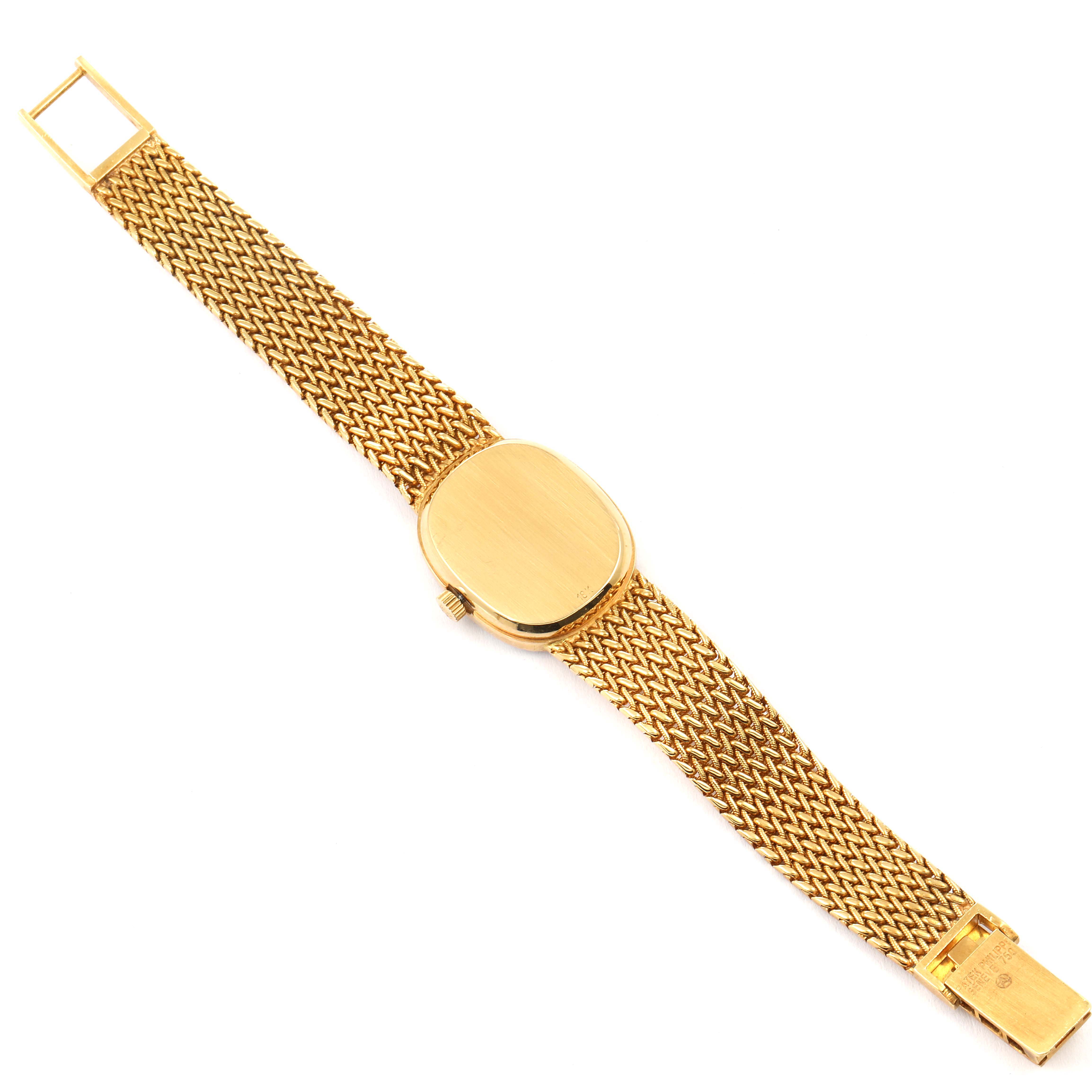 The image shows the face, crown, and entire bracelet of a Patek Philippe Golden Ellipse 4498 Women's Yellow Gold Blue Dial 4498 Women's Yellow Gold Blue Dial watch at an overhead angle.