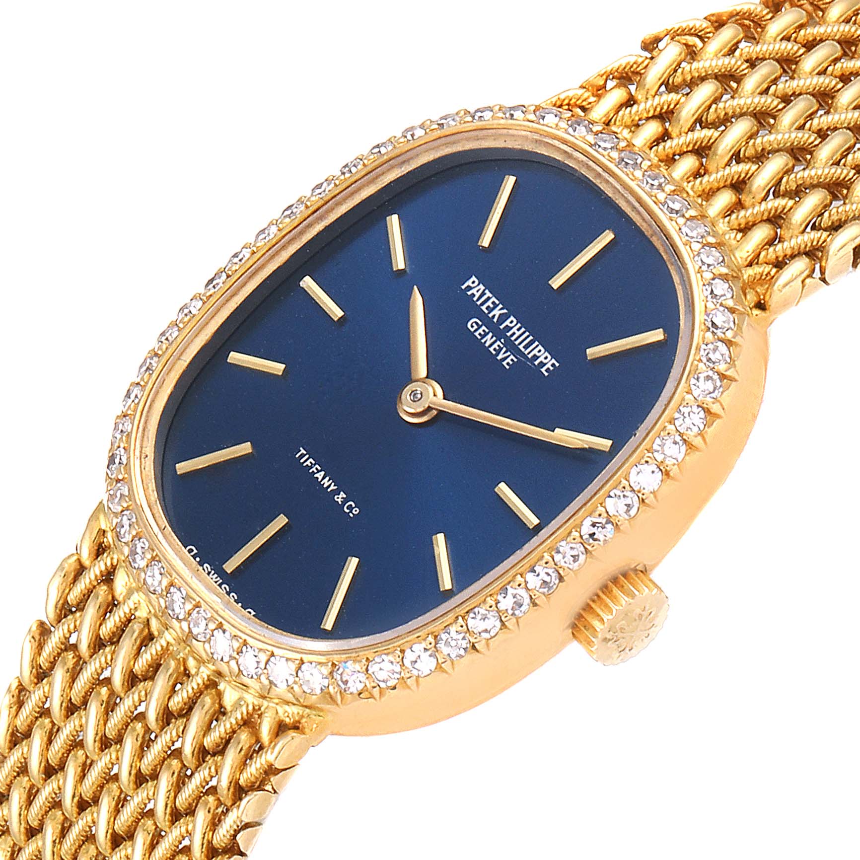 The image shows a close-up angled view of the face and part of the bracelet of a Patek Philippe Golden Ellipse 4498 Women's Yellow Gold Blue Dial 4498 Women's Yellow Gold Blue Dial watch.