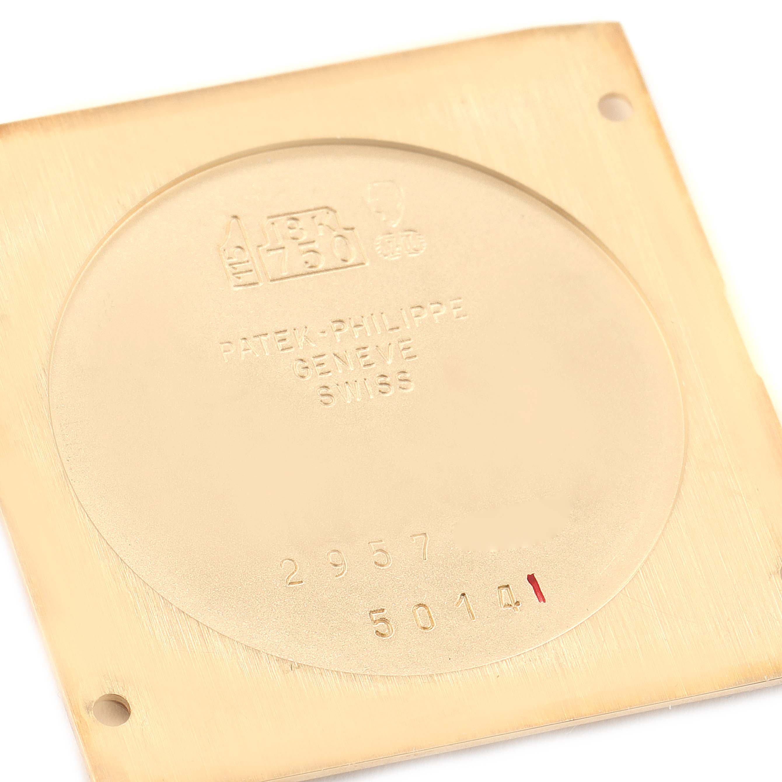 This image shows the inside of the case back of a Patek Philippe Gondolo 5014J Men's Yellow Gold White Dial 5014J Men's Yellow Gold White Dial model.