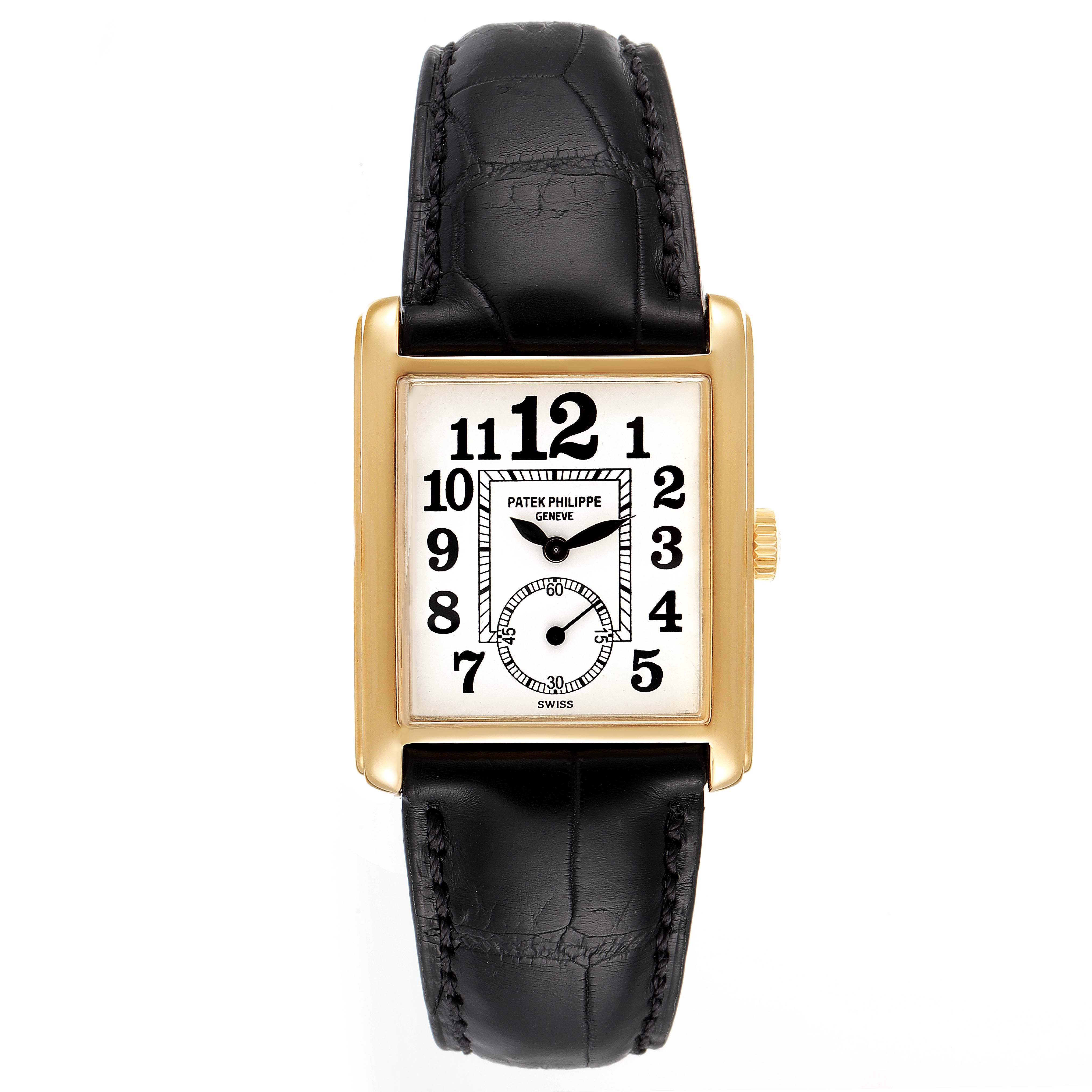 The image shows a front angle of the Patek Philippe Gondolo 5014J Men's Yellow Gold White Dial 5014J Men's Yellow Gold White Dial watch, highlighting its face, case, and leather strap.