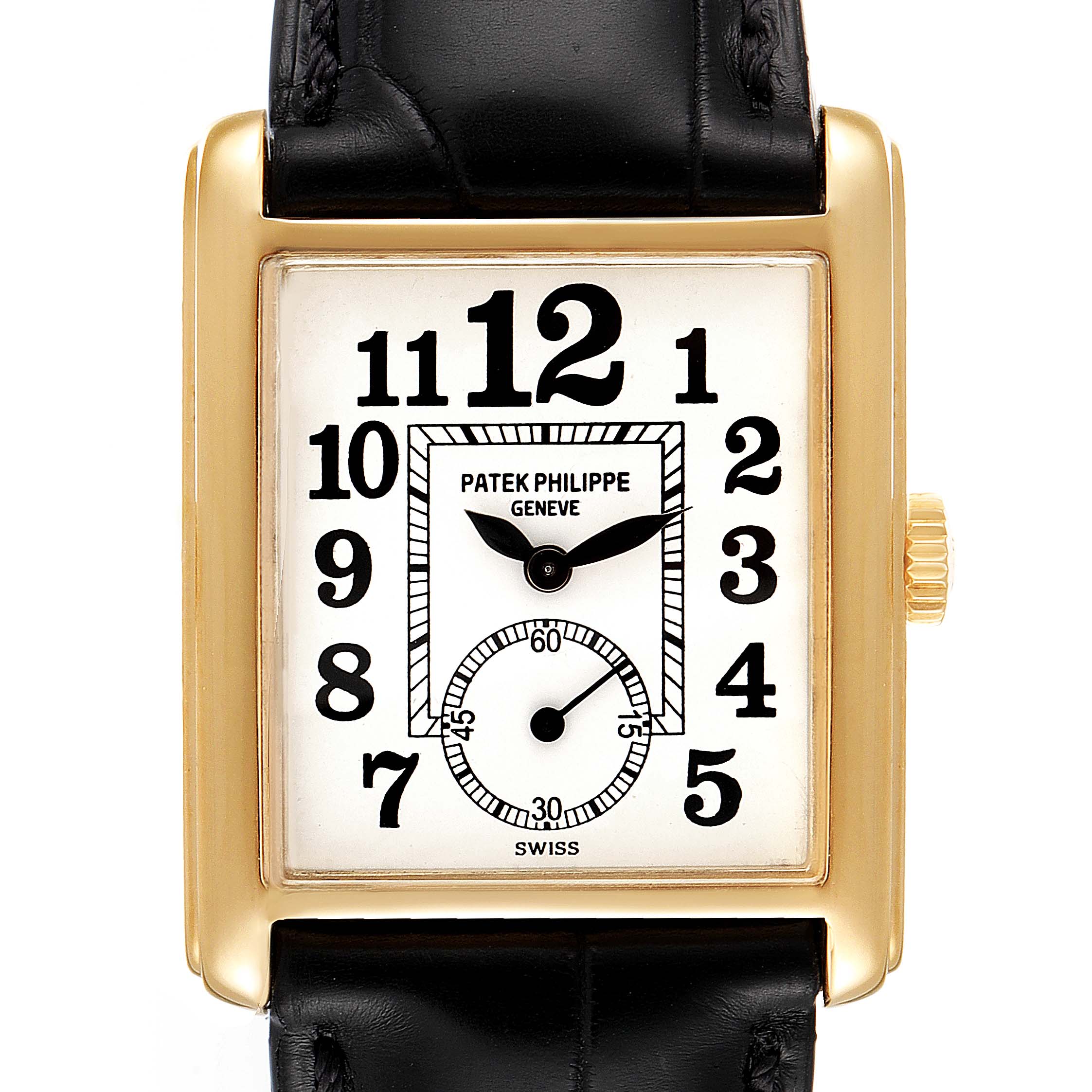 The image shows a front view of the Patek Philippe Gondolo 5014J Men's Yellow Gold White Dial 5014J Men's Yellow Gold White Dial watch, highlighting its rectangular case, dial, and leather strap.