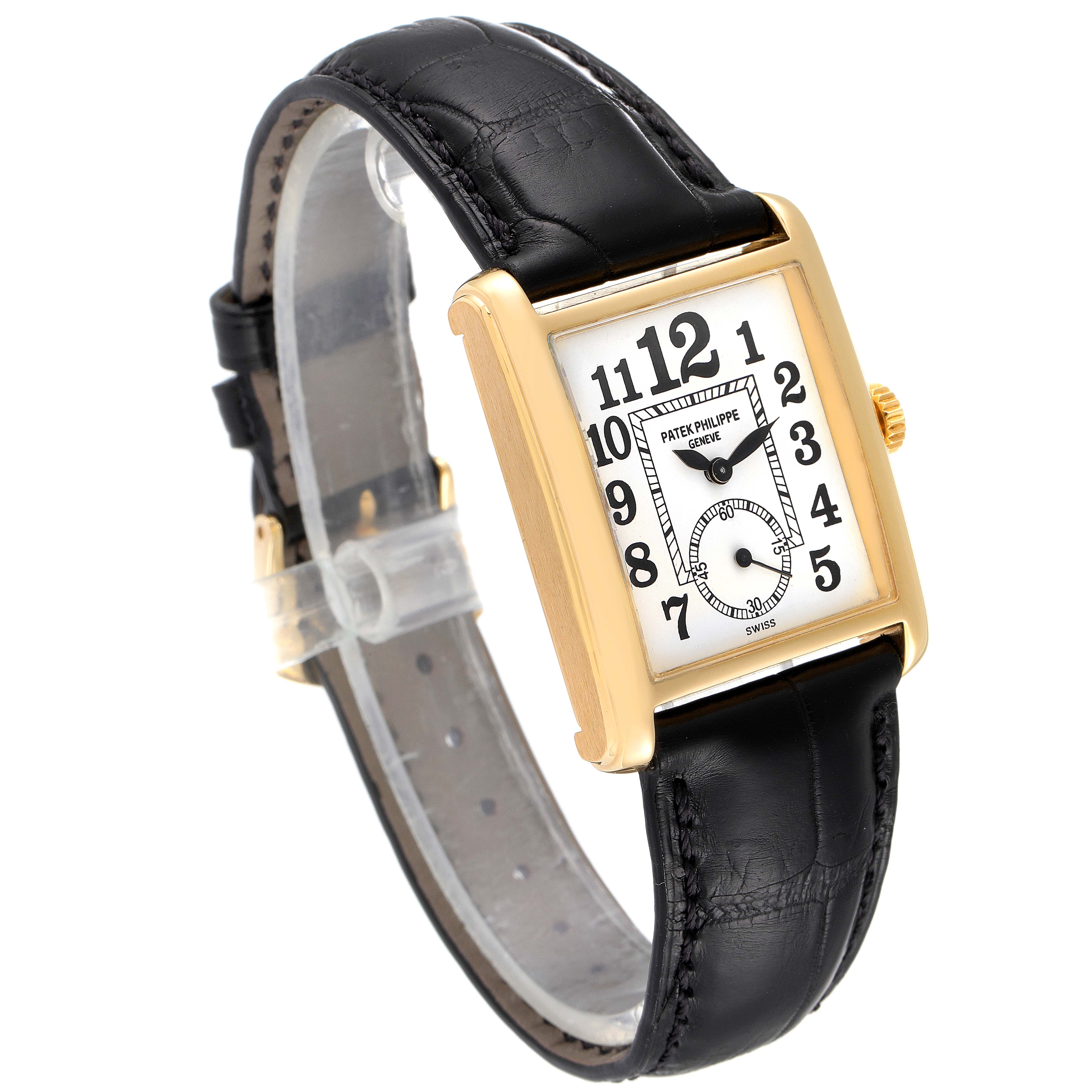 This Patek Philippe Gondolo 5014J Men's Yellow Gold White Dial 5014J Men's Yellow Gold White Dial watch is shown from a three-quarter front angle, highlighting its rectangular gold case and black leather strap.