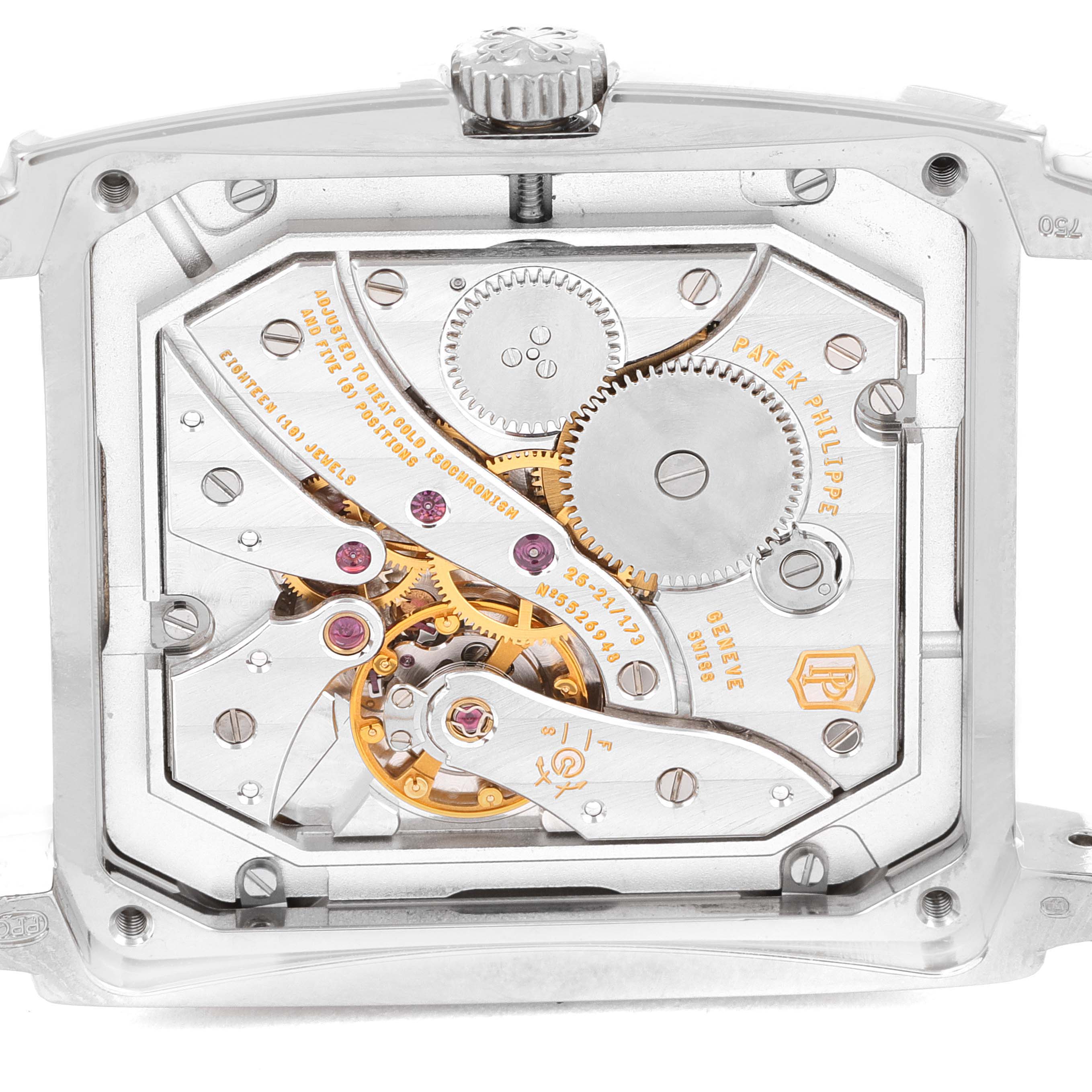 This image displays the movement and internal mechanisms of the Patek Philippe Gondolo 5124G-001 Men's White Gold Pink Dial 5124G-001 Men's White Gold Pink Dial watch from a back angle.
