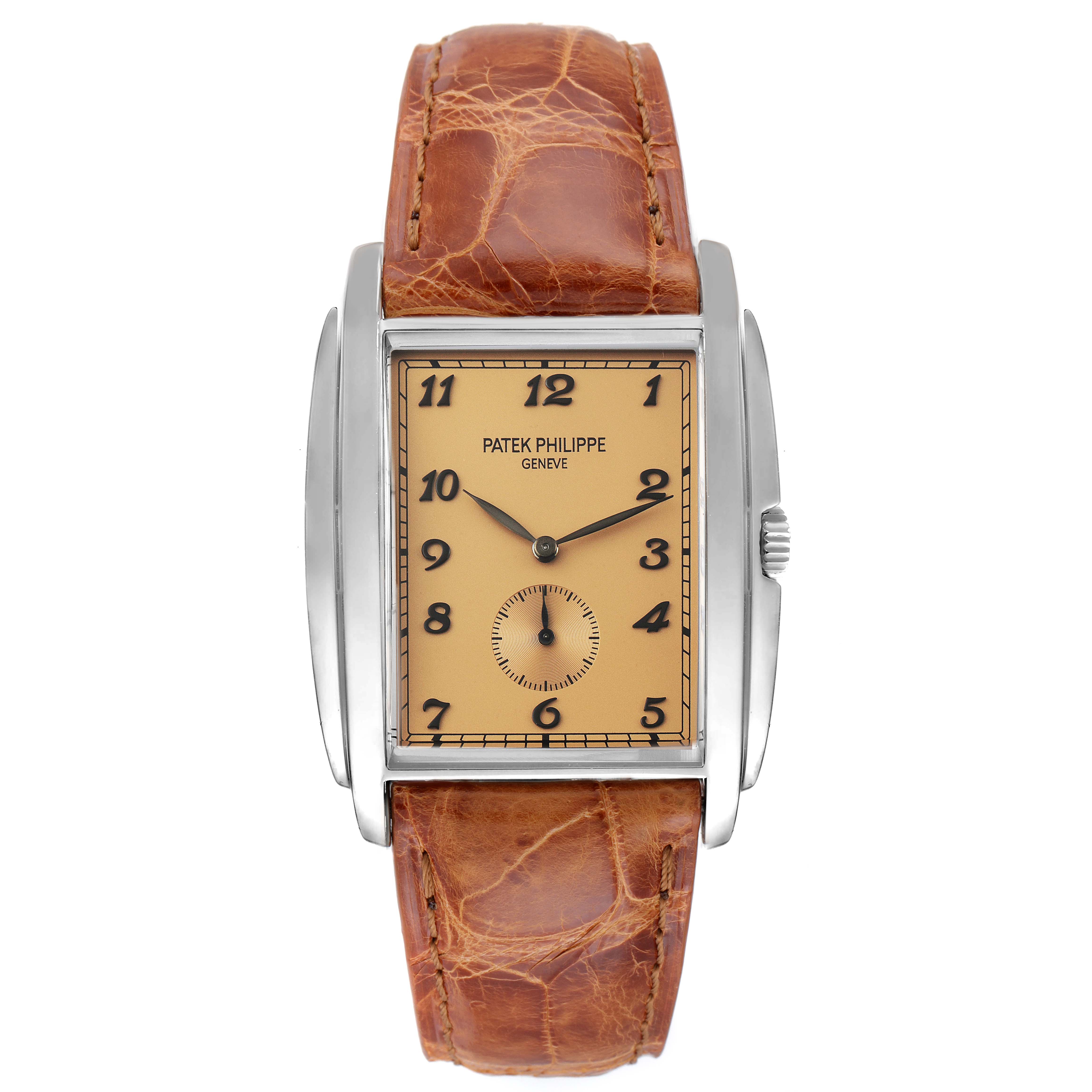 This image shows a Patek Philippe Gondolo 5124G-001 Men's White Gold Pink Dial 5124G-001 Men's White Gold Pink Dial watch from a front angle, highlighting the face, case, and leather strap.