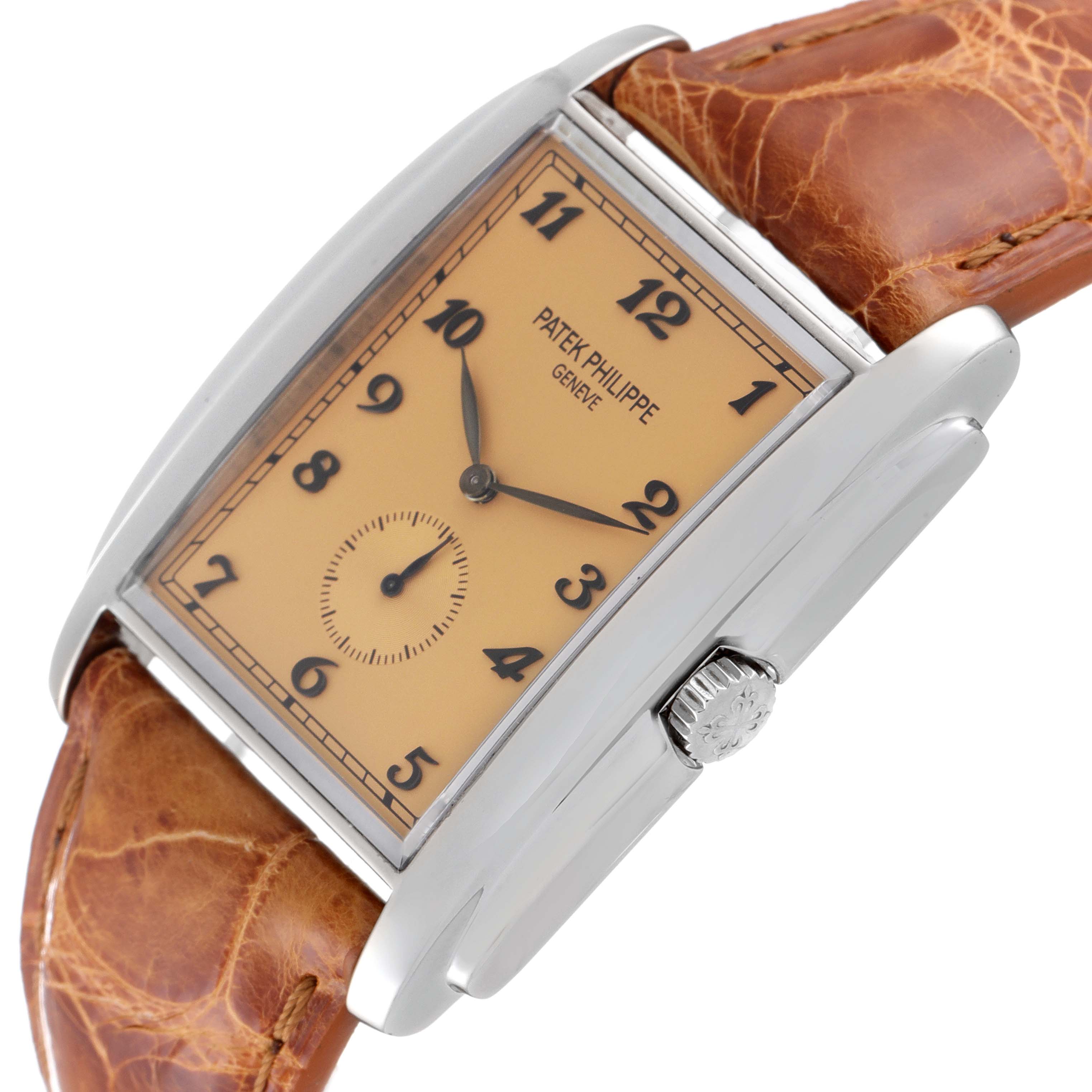 The image shows a Patek Philippe Gondolo 5124G-001 Men's White Gold Pink Dial 5124G-001 Men's White Gold Pink Dial watch at a tilted angle, displaying the dial, case, crown, and leather strap.