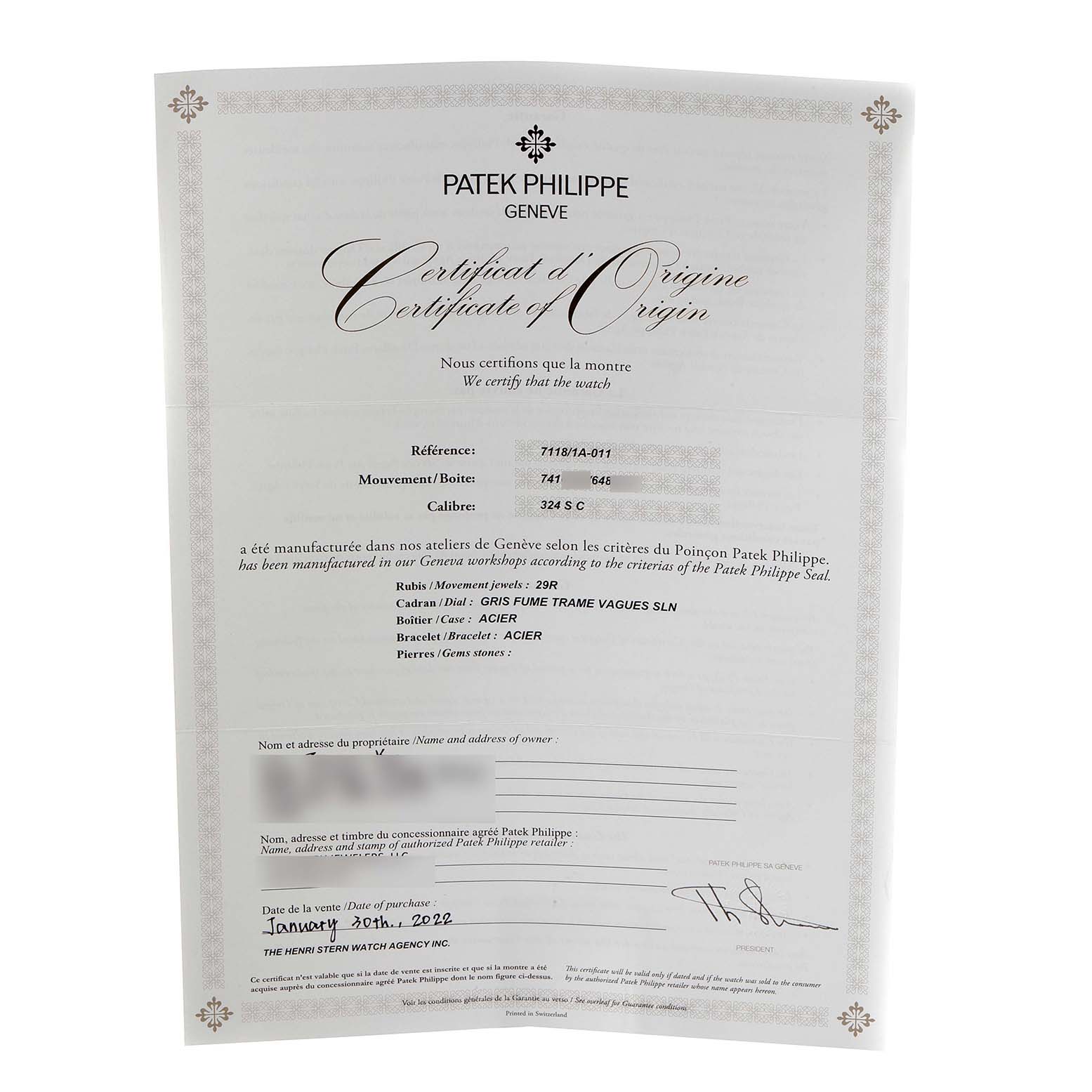 The image shows a "Certificate of Origin" for a Patek Philippe Nautilus 7118/1A -011 Men's Stainless Steel Grey Dial 7118/1A -011 Men's Stainless Steel Grey Dial model watch.