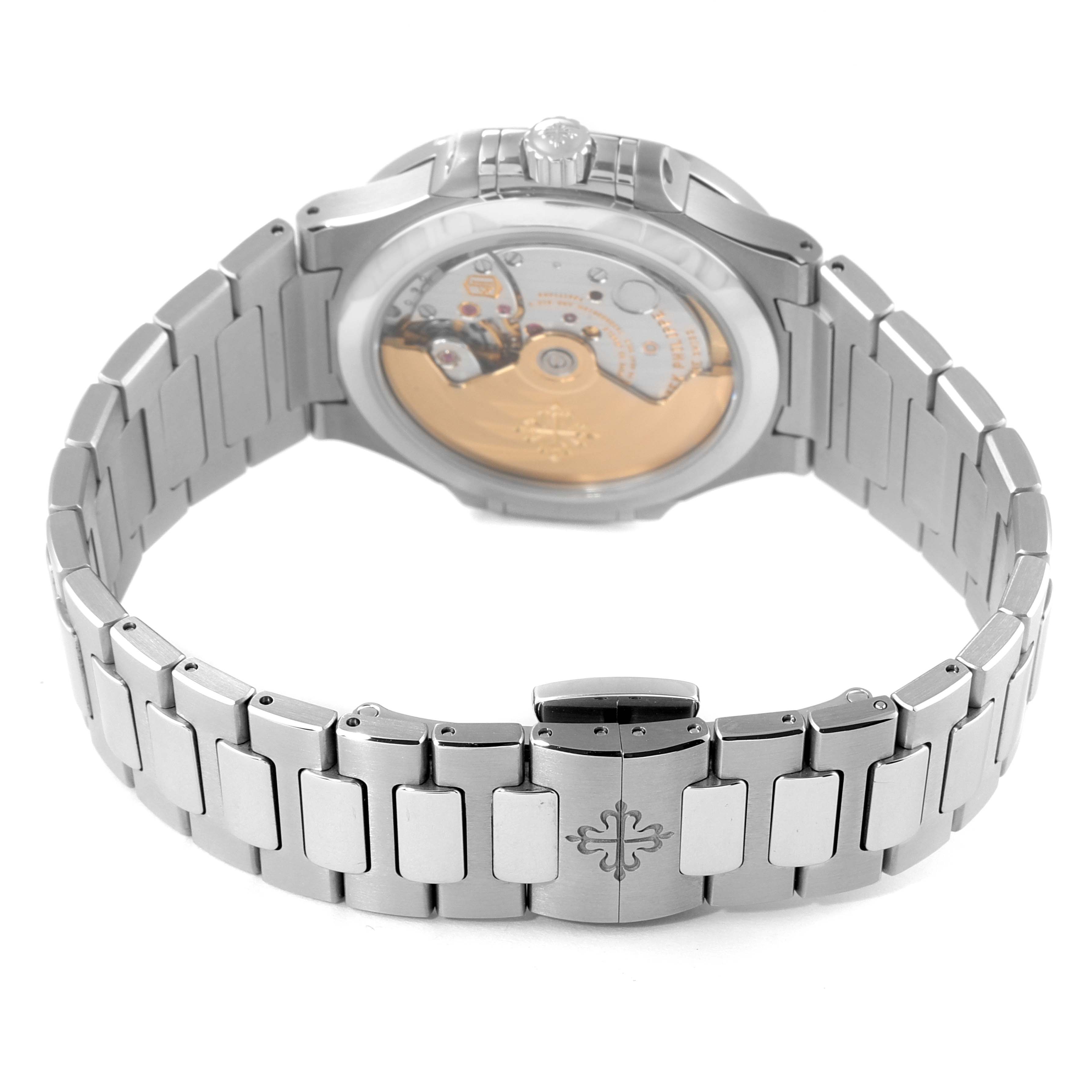 The image shows the back view of a Patek Philippe Nautilus 7118/1A -011 Men's Stainless Steel Grey Dial 7118/1A -011 Men's Stainless Steel Grey Dial watch, focusing on the case back and bracelet.