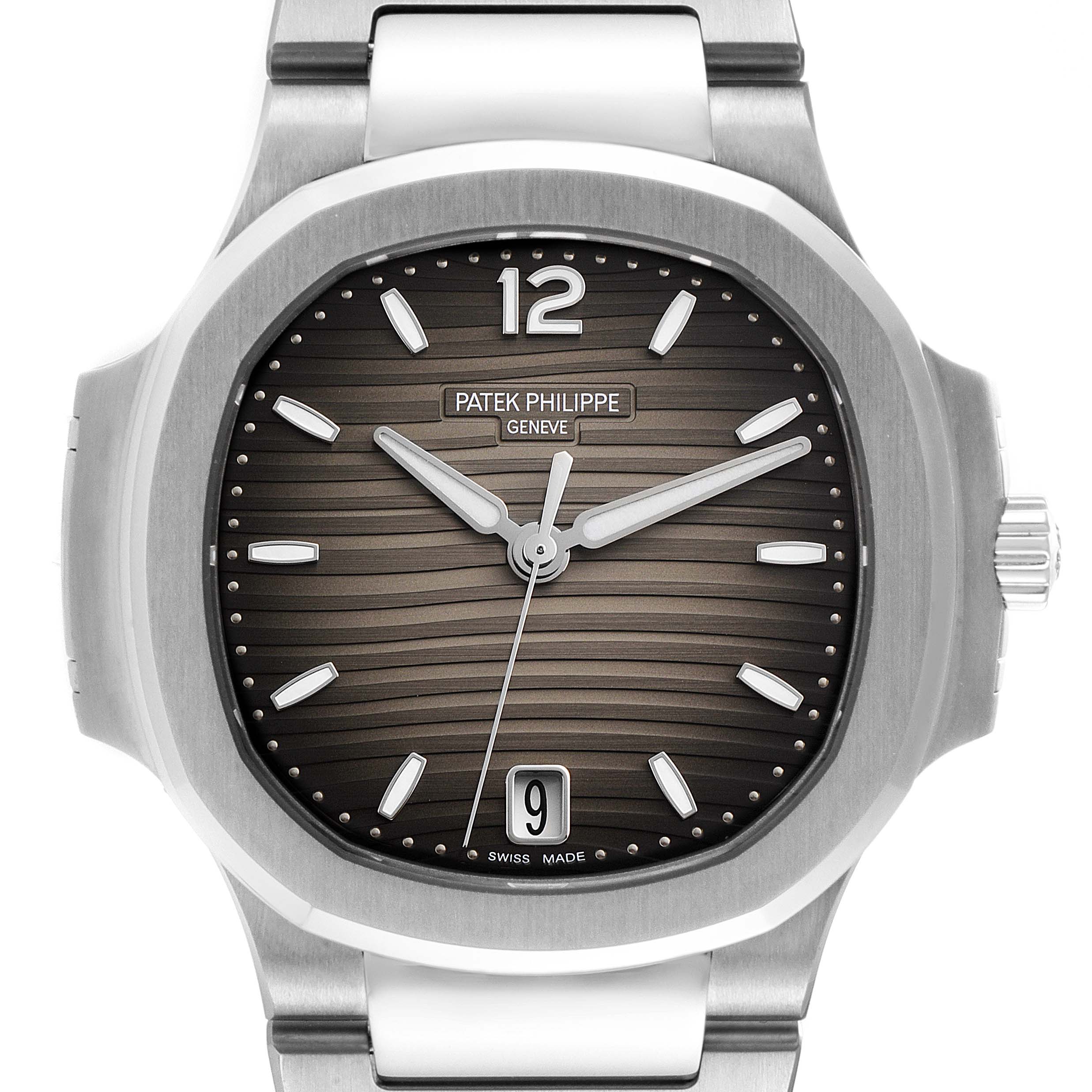 This image shows the front view of a Patek Philippe Nautilus 7118/1A -011 Men's Stainless Steel Grey Dial 7118/1A -011 Men's Stainless Steel Grey Dial wristwatch, highlighting the dial and bezel.