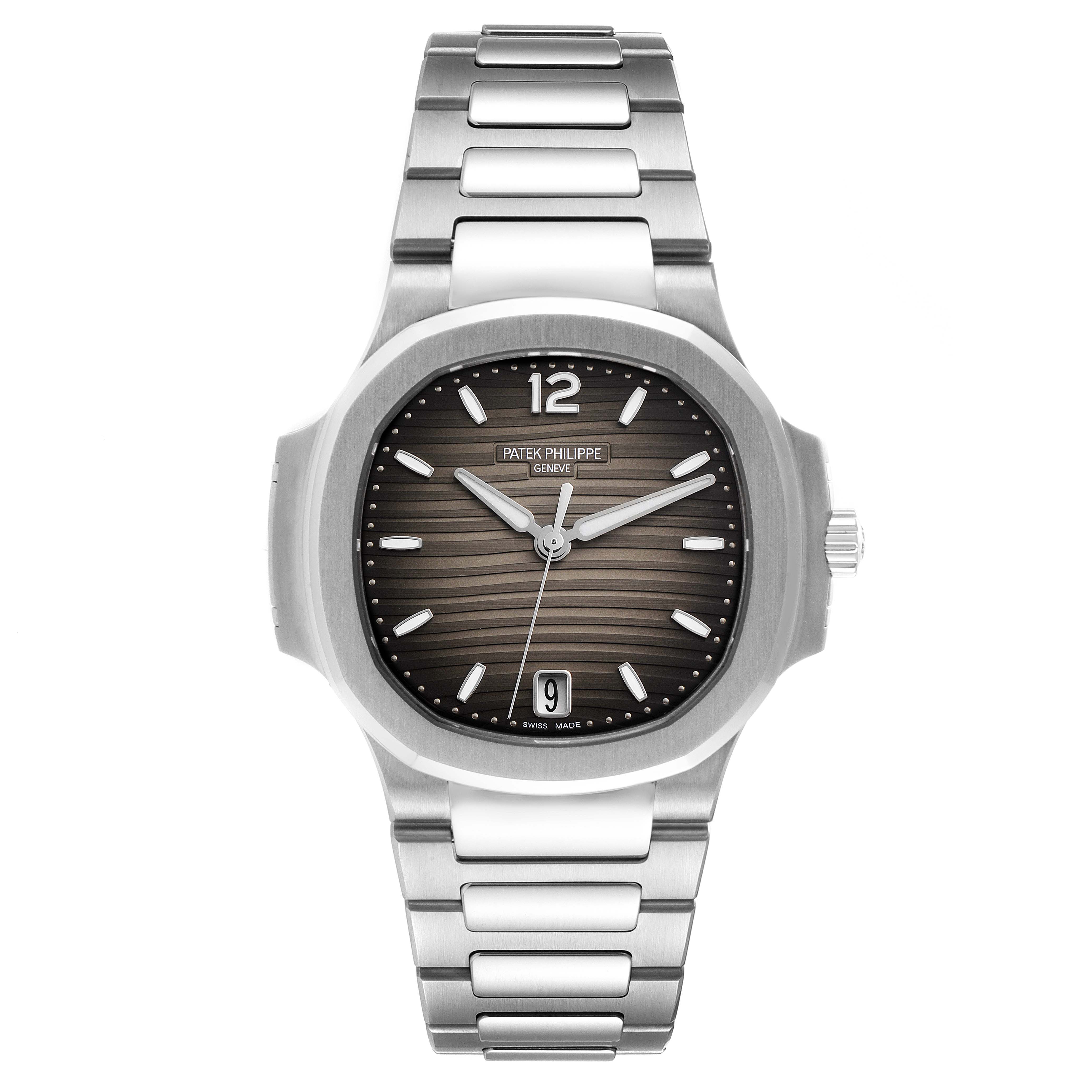 The image shows a frontal view of the Patek Philippe Nautilus 7118/1A -011 Men's Stainless Steel Grey Dial 7118/1A -011 Men's Stainless Steel Grey Dial watch, highlighting the dial, hands, bracelet, and crown.