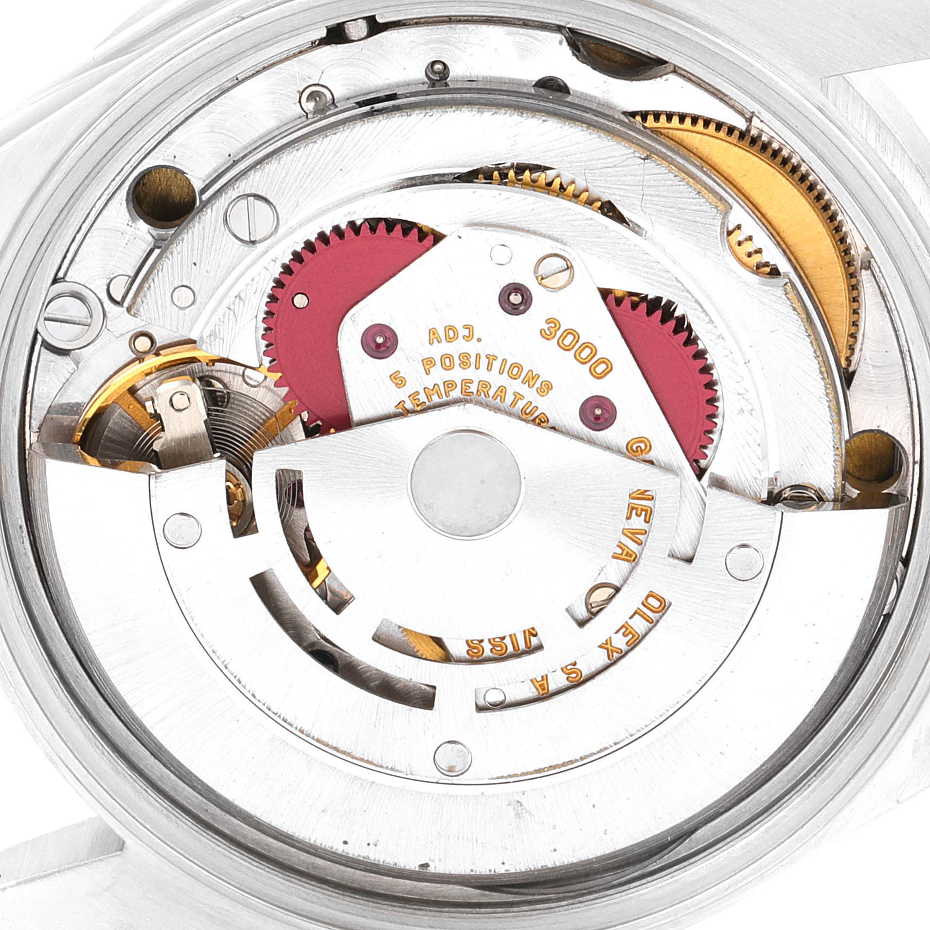 The image shows a close-up of the Rolex Air-King 14010 Men's Stainless Steel White Dial 14010 Men's Stainless Steel White Dial's internal movement mechanism from the back.