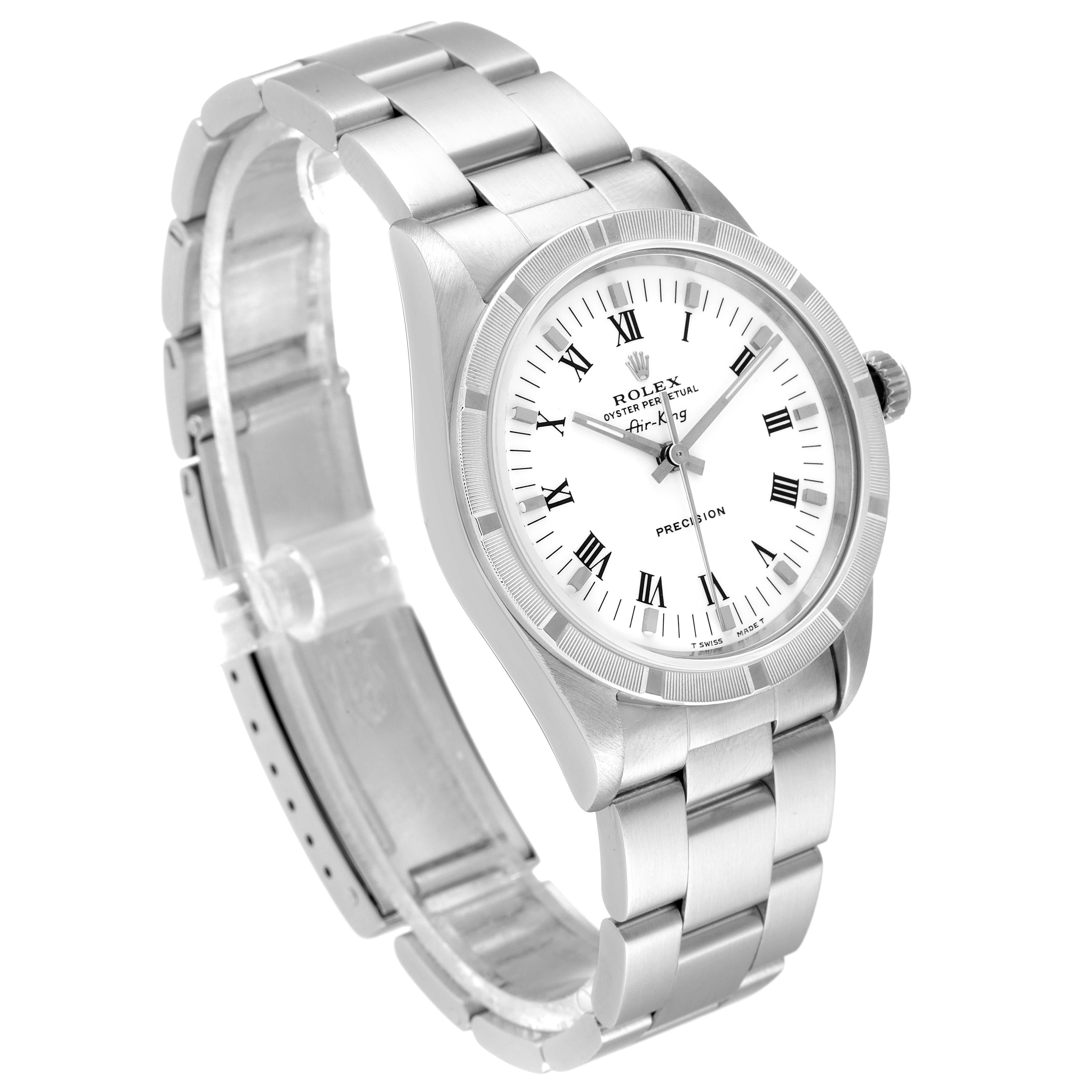 The image shows a Rolex Air-King 14010 Men's Stainless Steel White Dial 14010 Men's Stainless Steel White Dial watch at a slight angle, highlighting the face, bezel, and bracelet.