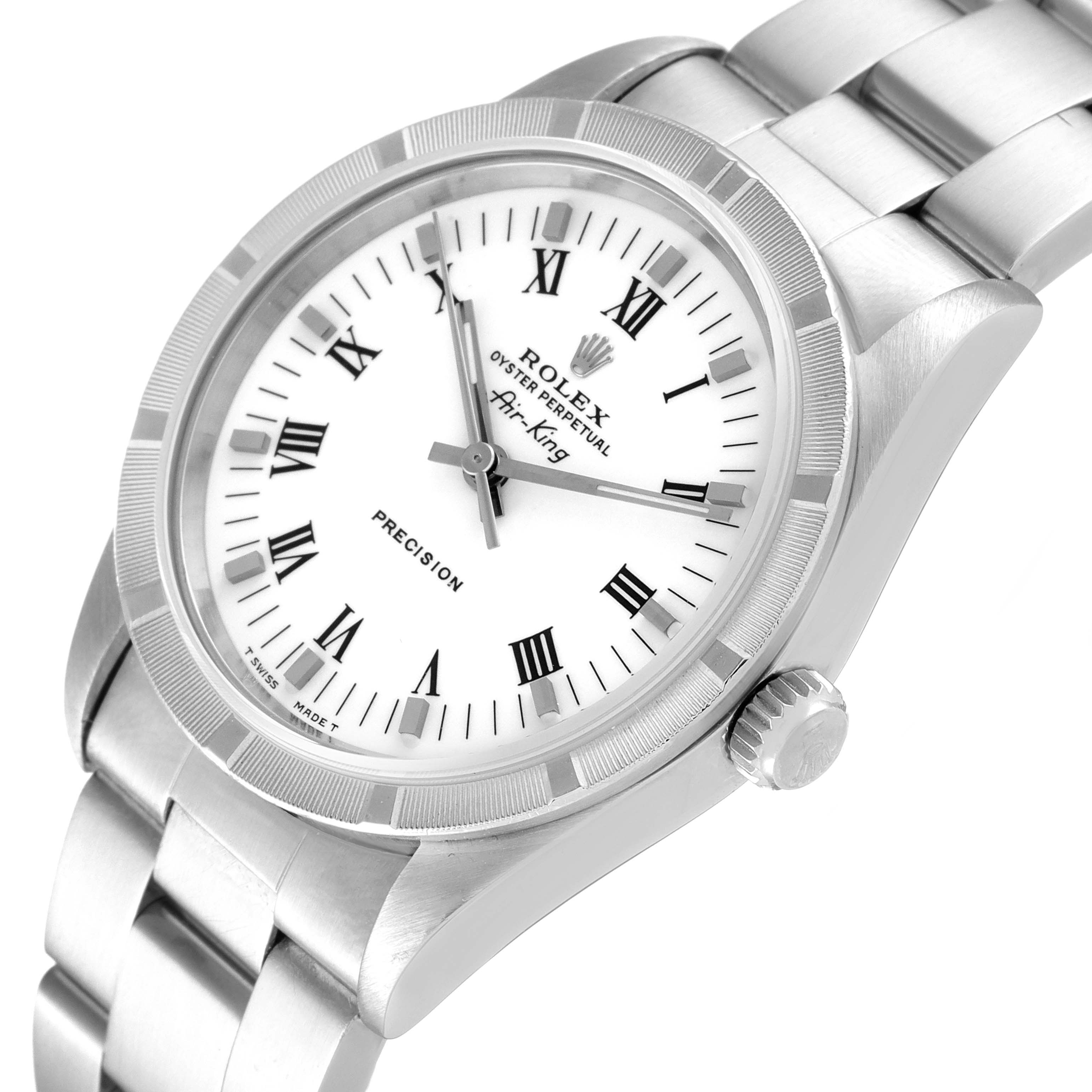 The image shows a Rolex Air-King 14010 Men's Stainless Steel White Dial 14010 Men's Stainless Steel White Dial watch from a slightly tilted angle, highlighting its white dial, Roman numerals, and stainless steel bracelet.