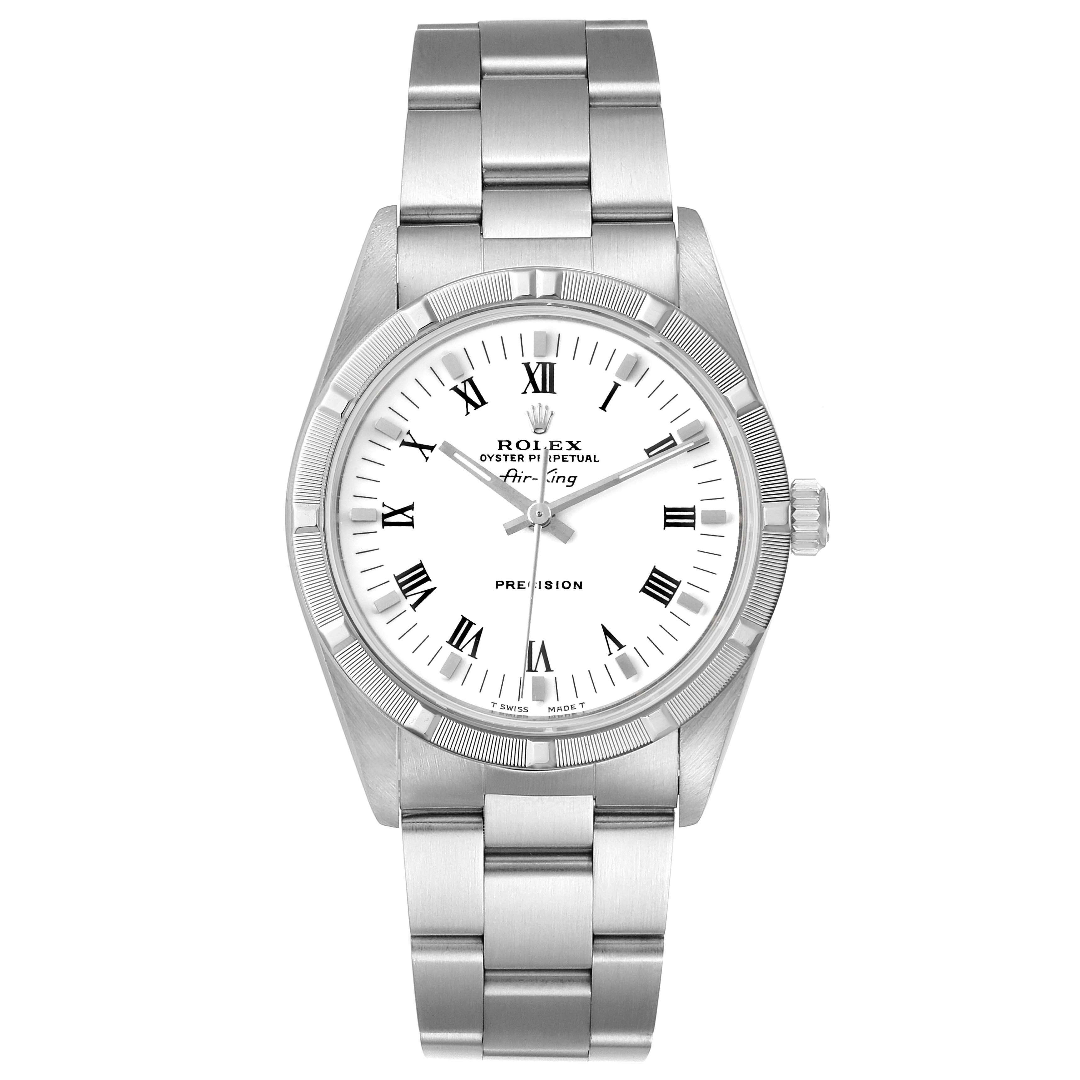 This image shows a front view of a Rolex Air-King 14010 Men's Stainless Steel White Dial 14010 Men's Stainless Steel White Dial watch, detailing the dial, bezel, and bracelet.