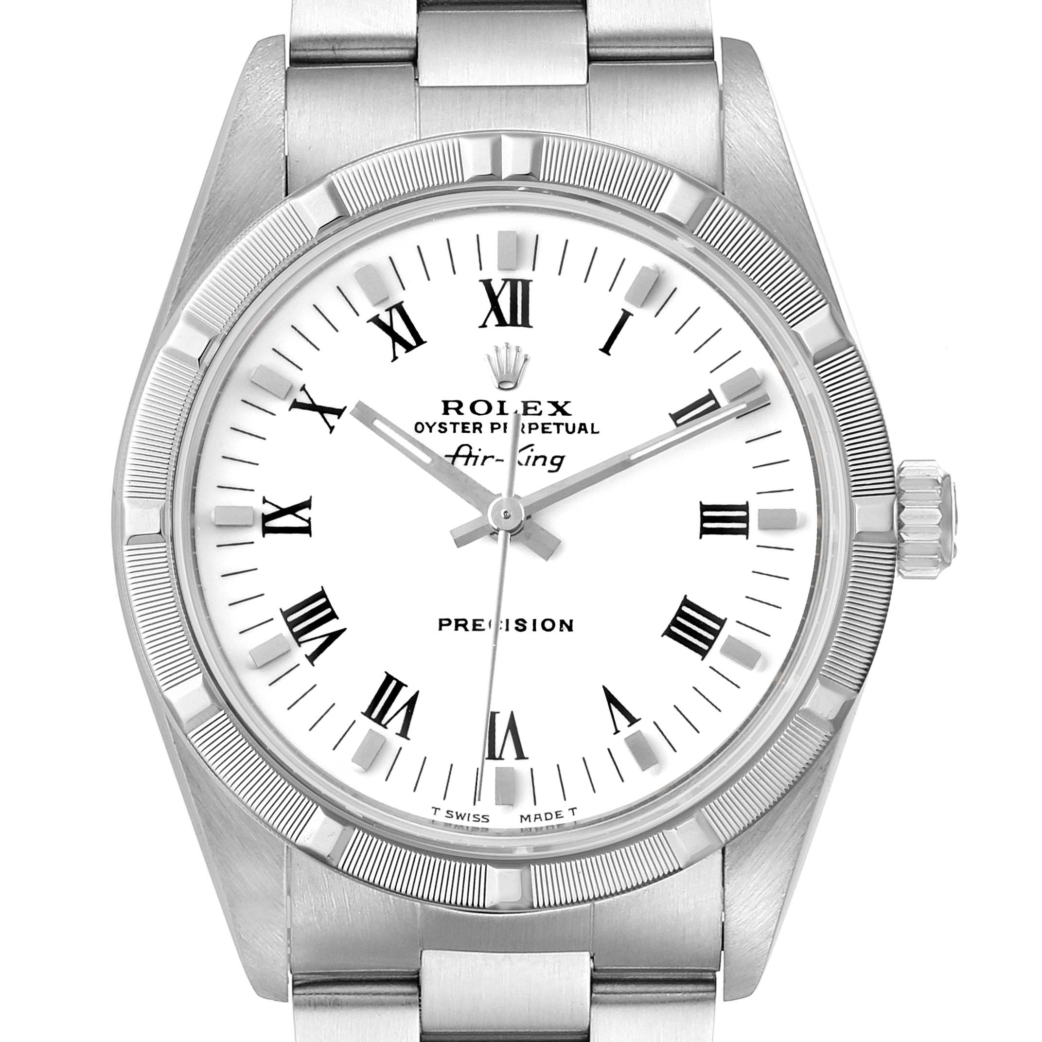 The image shows a front view of a Rolex Air-King 14010 Men's Stainless Steel White Dial 14010 Men's Stainless Steel White Dial watch displaying the dial, hands, bezel, and part of the bracelet.