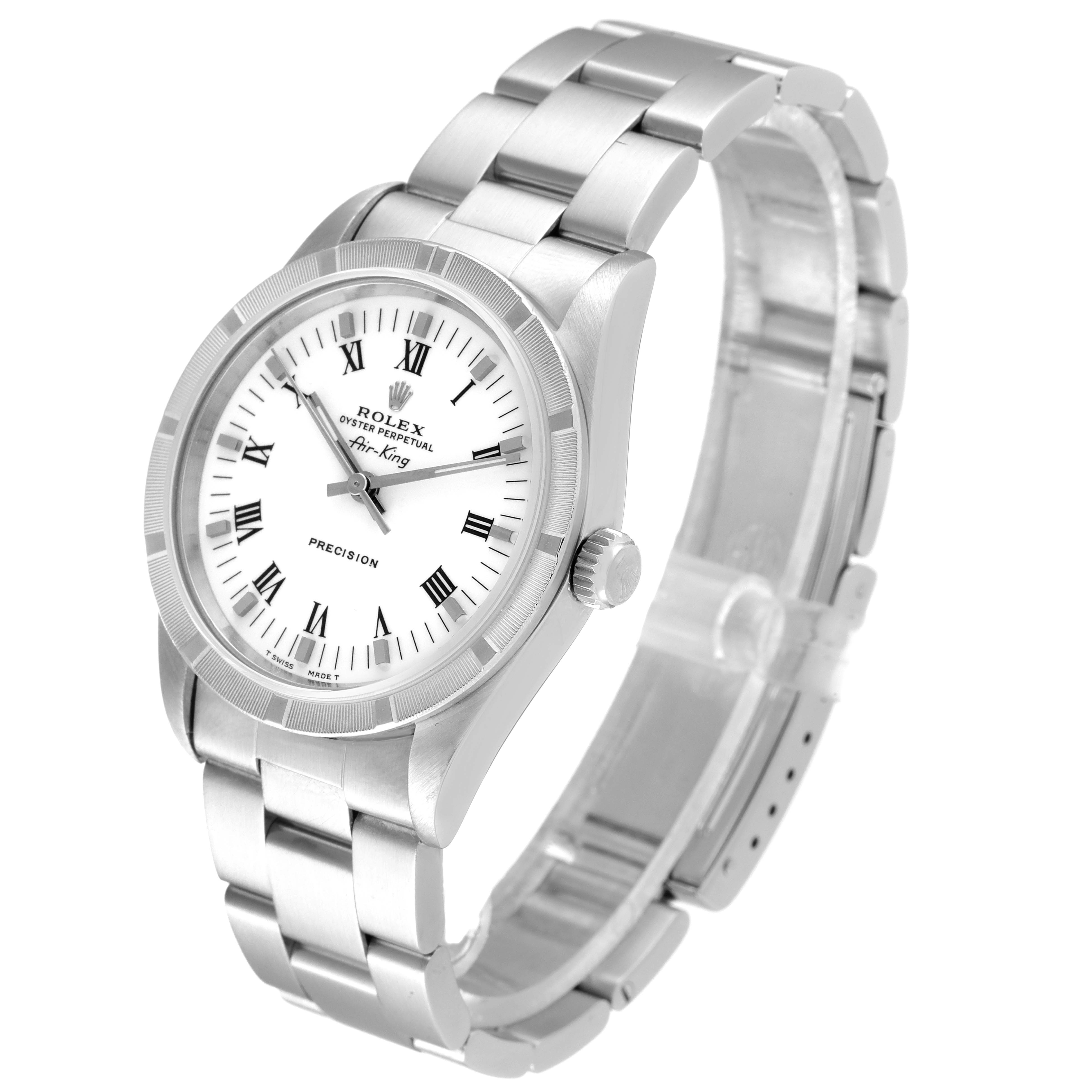 The Rolex Air-King 14010 Men's Stainless Steel White Dial 14010 Men's Stainless Steel White Dial watch is shown at a 3/4 angle, highlighting its face, bezel, and stainless steel bracelet.