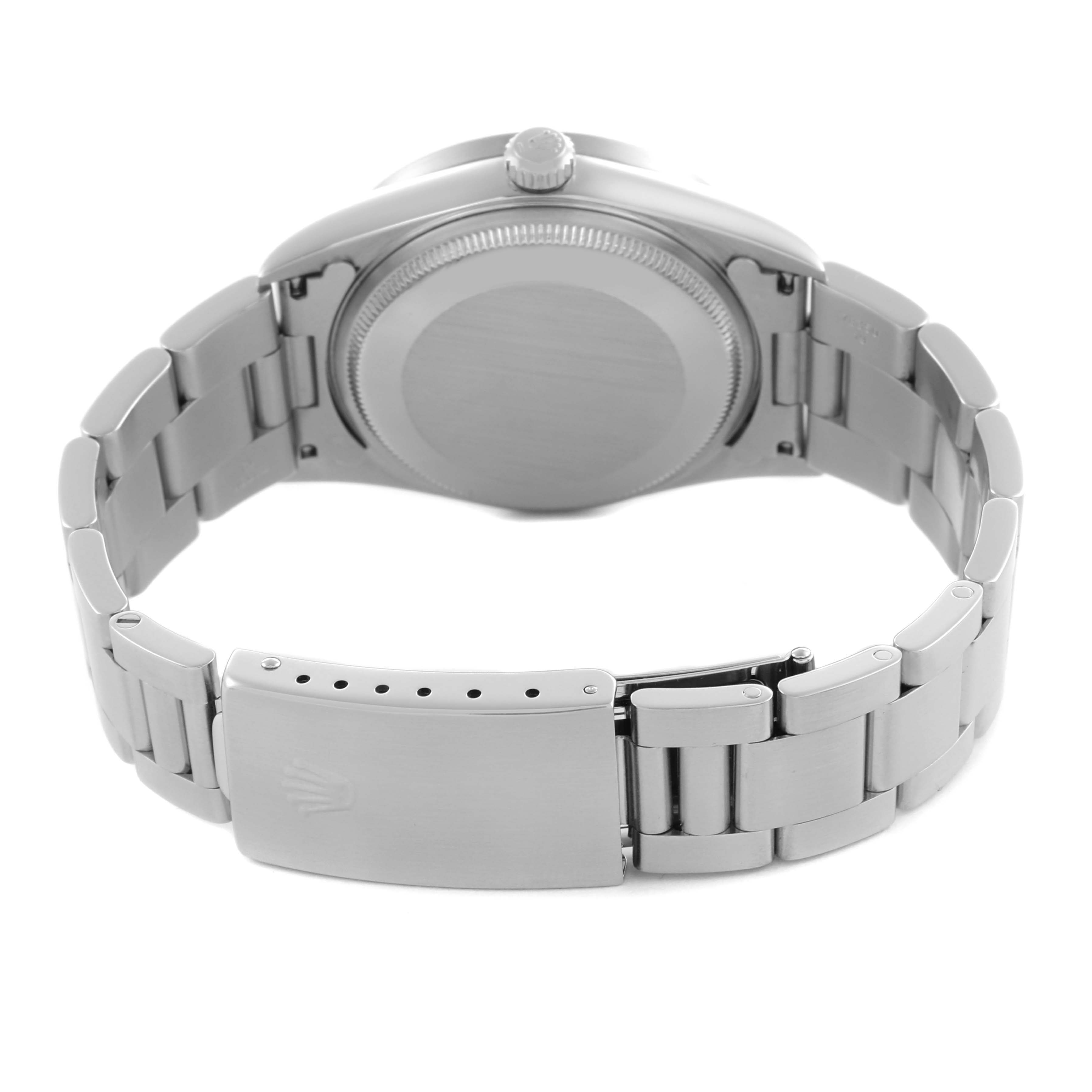 The image shows the back view of a Rolex Air-King 14010 Men's Stainless Steel Blue Dial 14010 Men's Stainless Steel Blue Dial watch, highlighting the case back and bracelet with the clasp open.