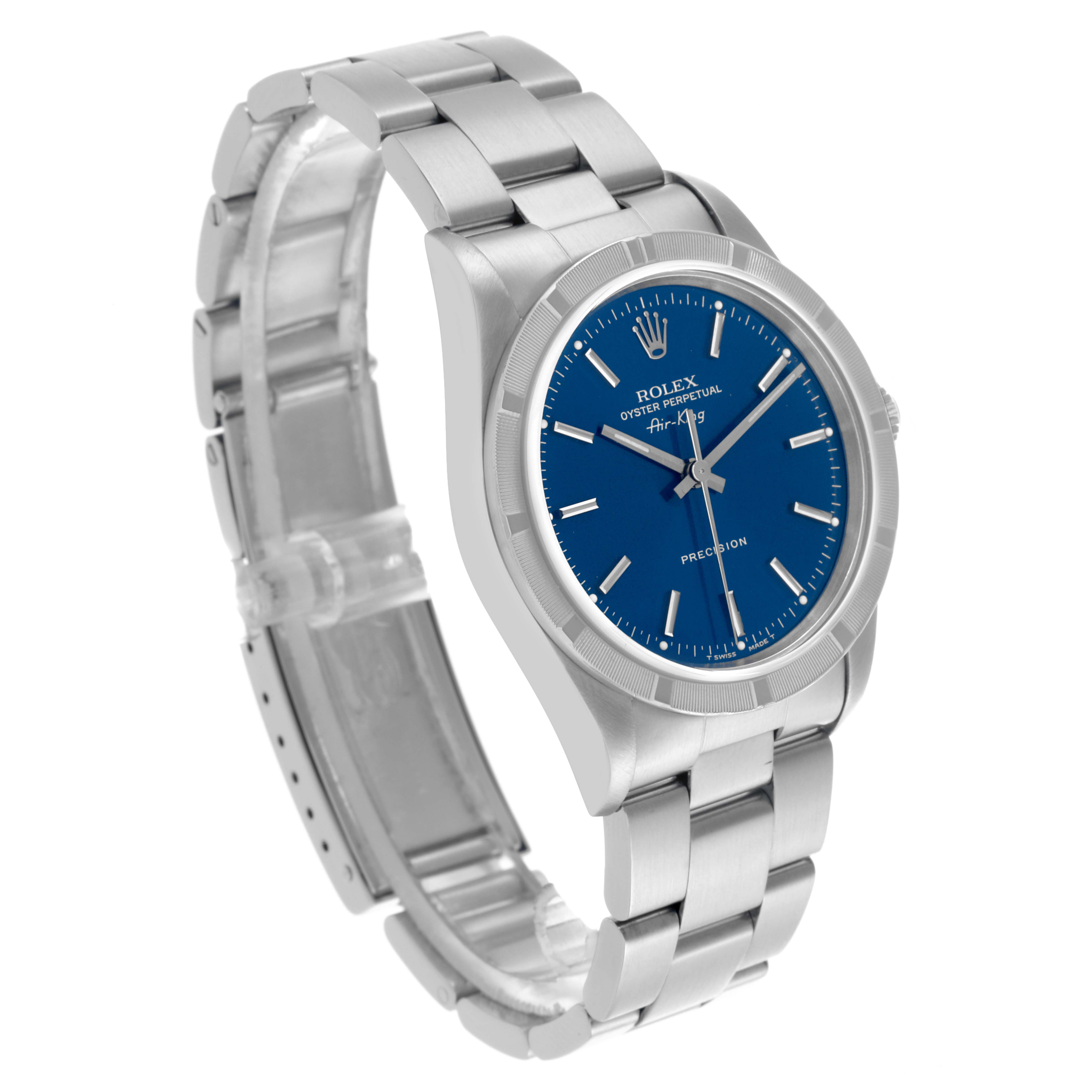 The Rolex Air-King 14010 Men's Stainless Steel Blue Dial 14010 Men's Stainless Steel Blue Dial watch is shown at a three-quarter angle, displaying the face, bezel, and bracelet.