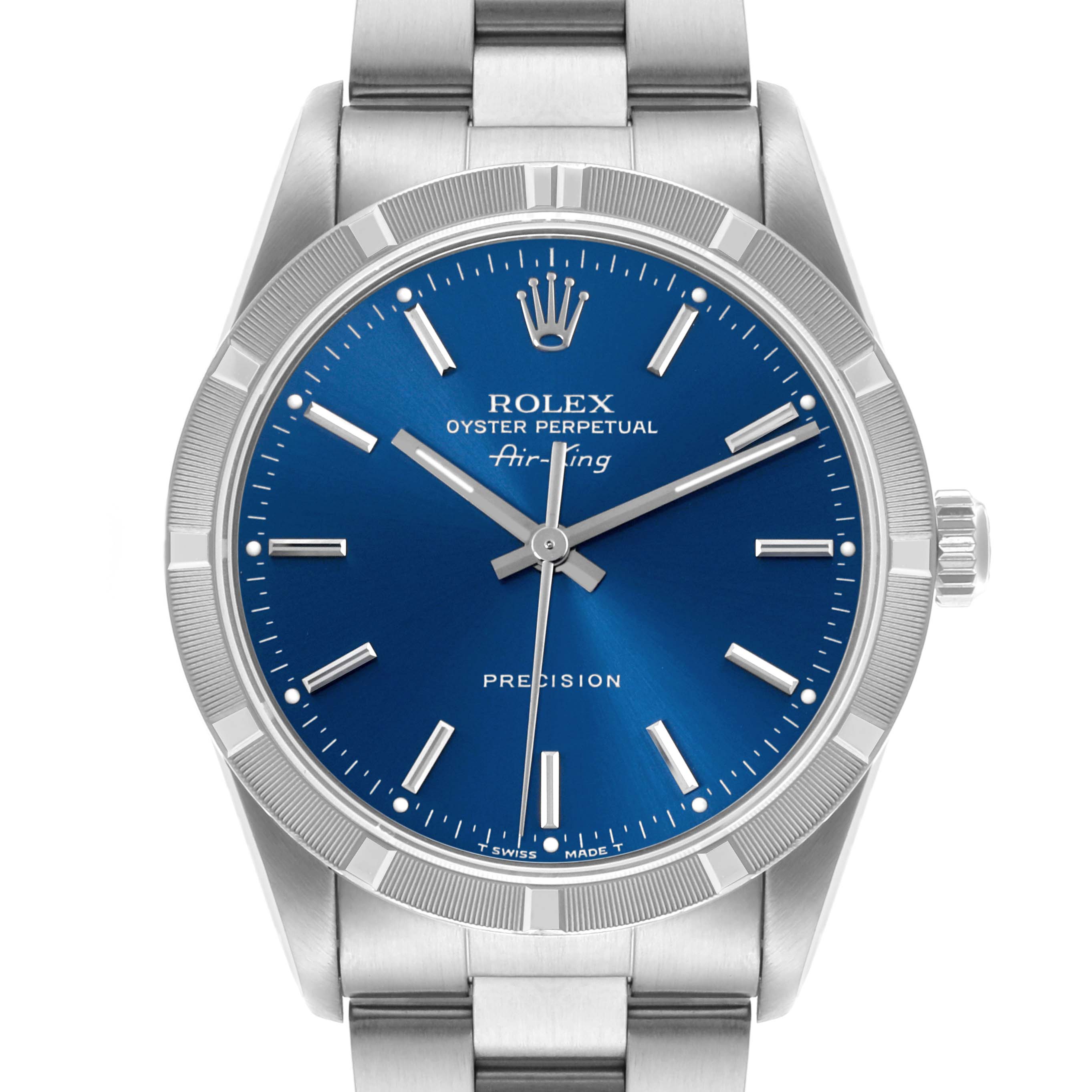 The Rolex Air-King 14010 Men's Stainless Steel Blue Dial 14010 Men's Stainless Steel Blue Dial watch is shown from a front angle, displaying its dial, hands, bezel, and part of the bracelet.