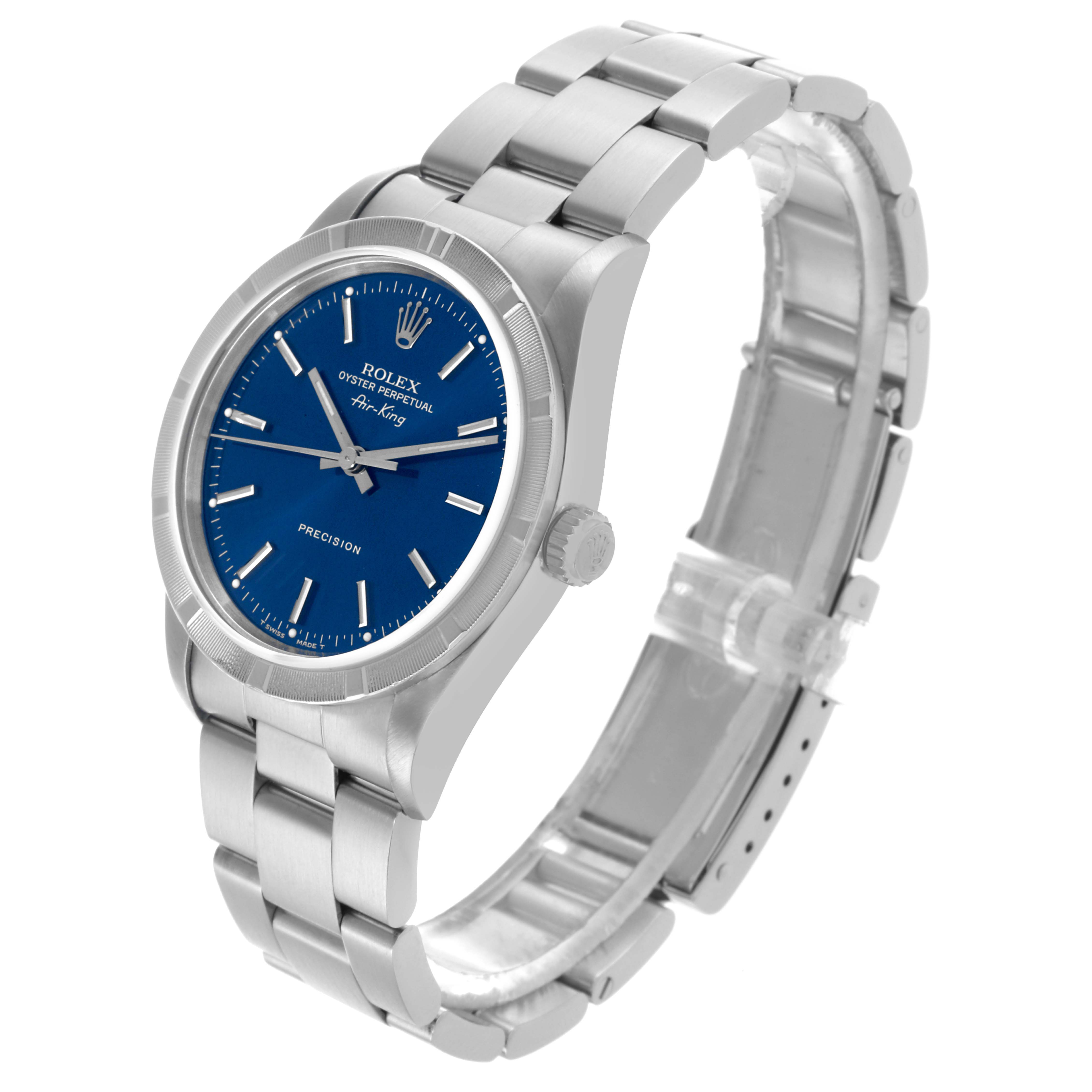 The Rolex Air-King 14010 Men's Stainless Steel Blue Dial 14010 Men's Stainless Steel Blue Dial watch is shown from a three-quarter angle, highlighting the blue dial, case, and bracelet.