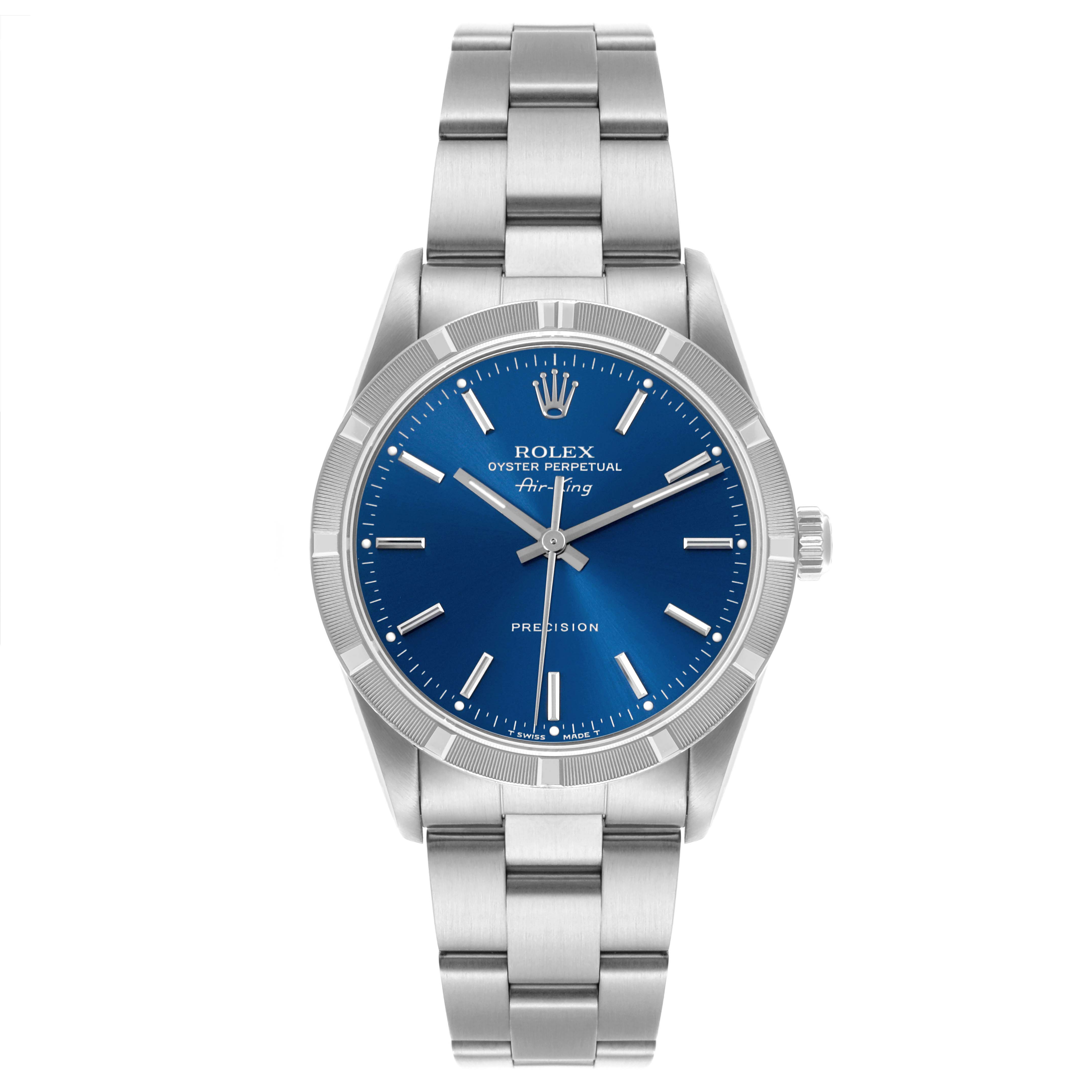 The image shows a front view of the Rolex Air-King 14010 Men's Stainless Steel Blue Dial 14010 Men's Stainless Steel Blue Dial watch, highlighting its blue dial and metal bracelet.