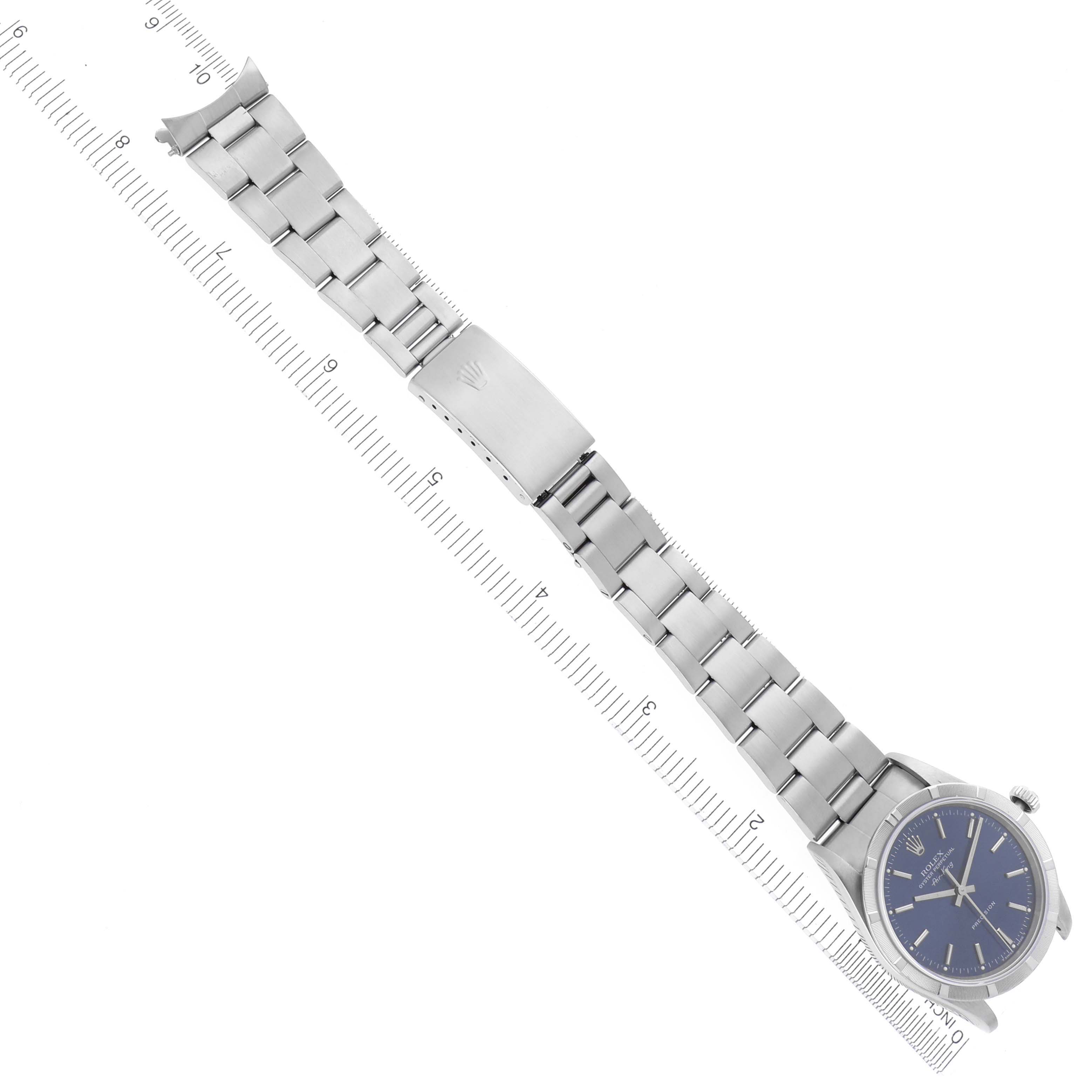The Rolex Air-King 14010 Men's Stainless Steel Blue Dial 14010 Men's Stainless Steel Blue Dial watch is shown from a top view, featuring the full bracelet and clasp along with the dial.