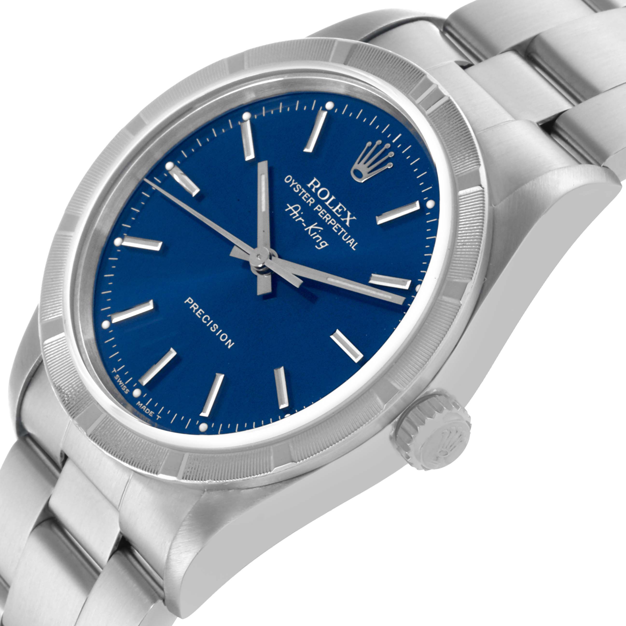 The Rolex Air-King 14010 Men's Stainless Steel Blue Dial 14010 Men's Stainless Steel Blue Dial watch is shown at an angle revealing the blue dial, crown, and part of the bracelet.
