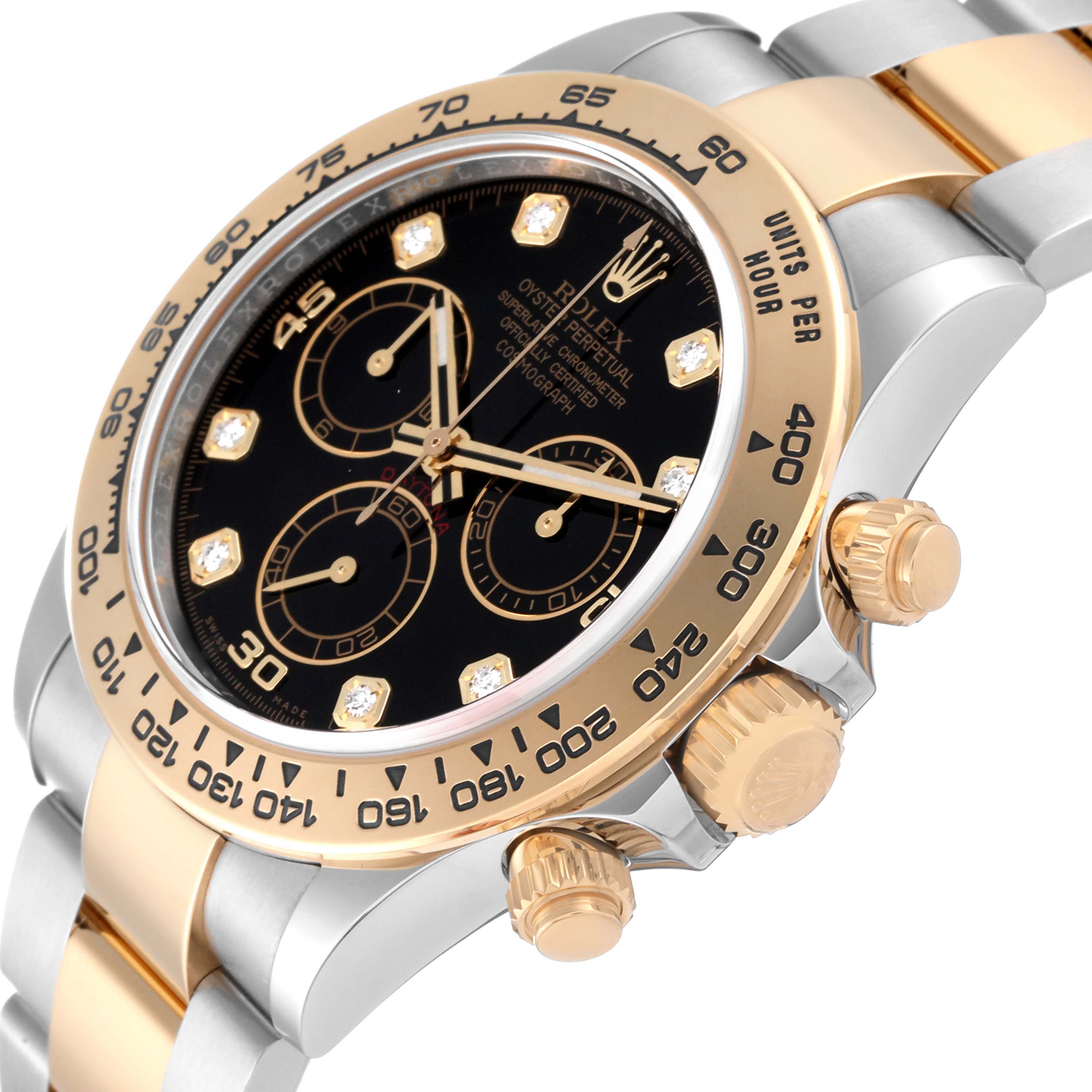 The Rolex Daytona 116503 Men
s Steel and Gold (two tone) Black Dial 116503 Men
s Steel and Gold (two tone) Black Dial watch is shown at an angle, displaying the face, bezel, and partially visible strap.