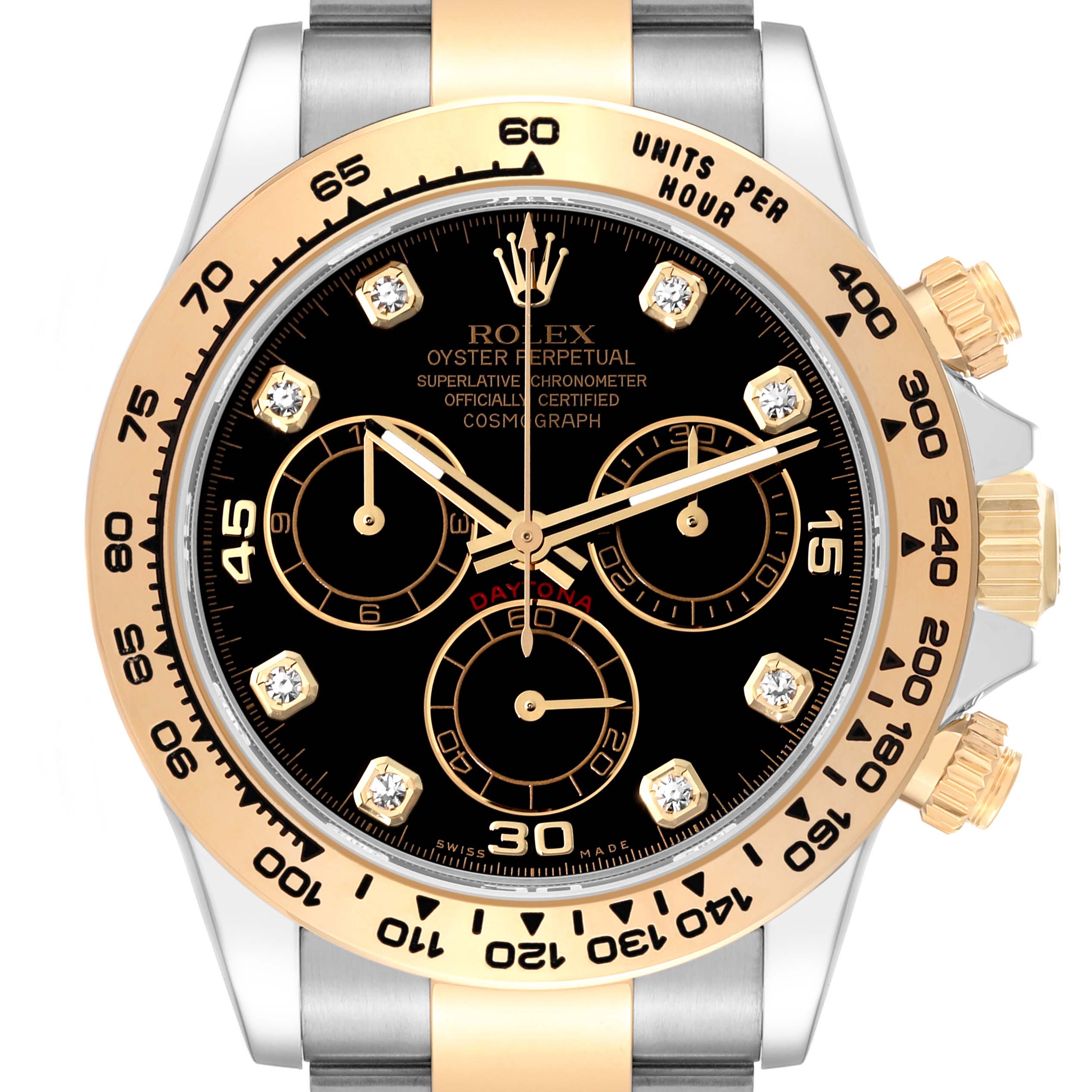 The image shows a front view of a Rolex Daytona 116503 Men
s Steel and Gold (two tone) Black Dial 116503 Men
s Steel and Gold (two tone) Black Dial watch, highlighting its dial, chronograph subdials, and bezel.