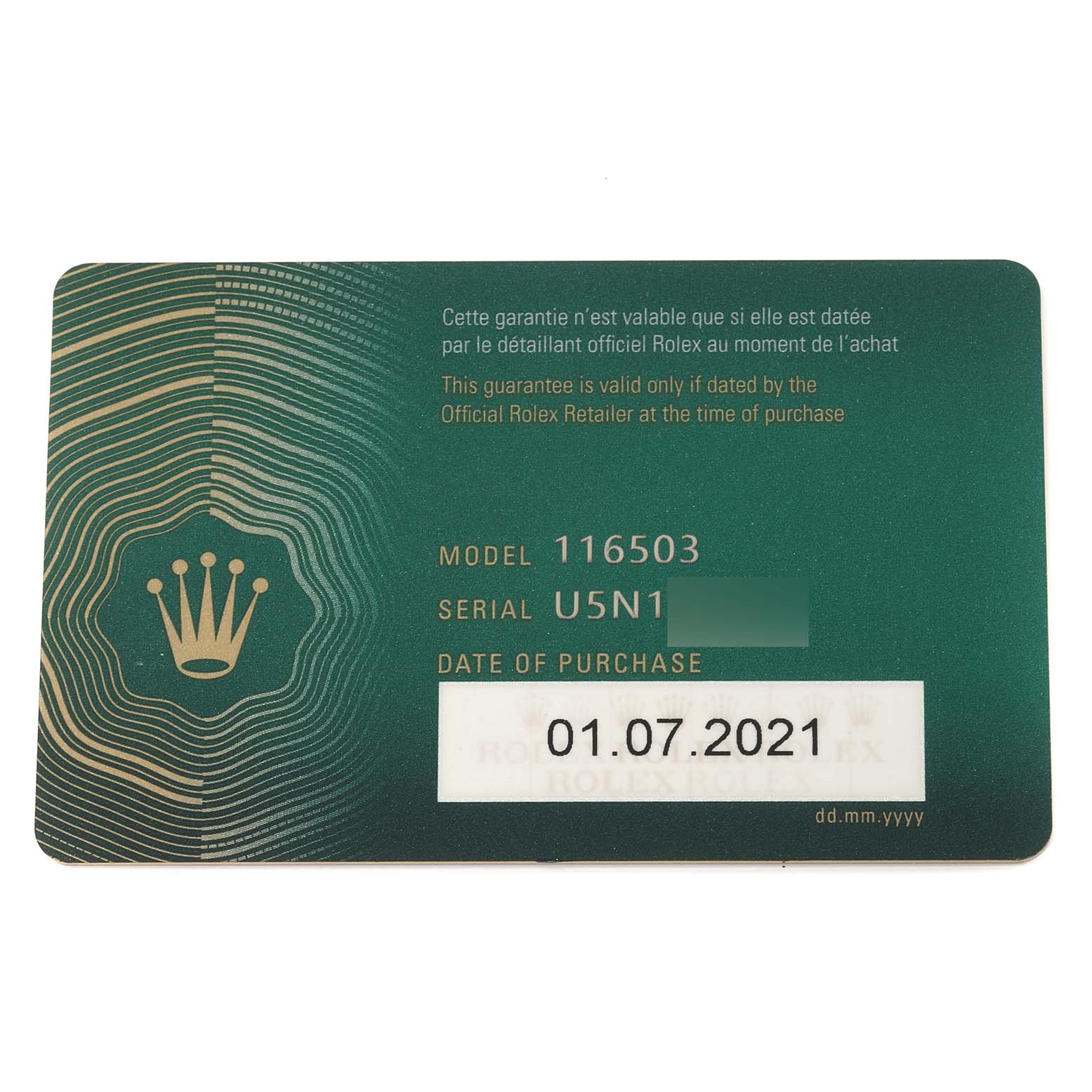The image shows a Rolex guarantee card for the Daytona model, including the model number, serial number, and date of purchase.